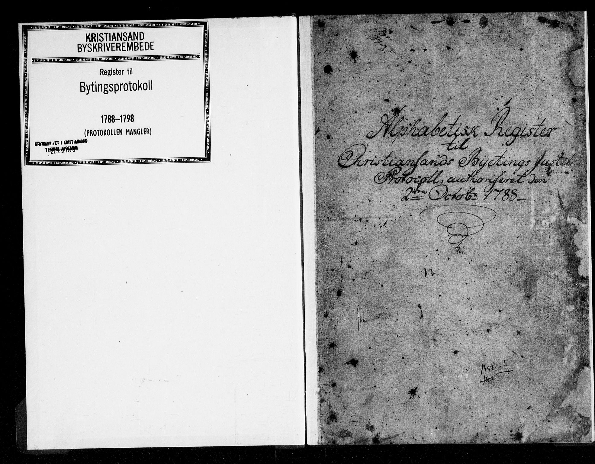 Kristiansand byrett, SAK/1223-0001/F/Fa/L0019: Register til bytingsprotokoll nr. 17A (protokollen mangler), 1788-1798
