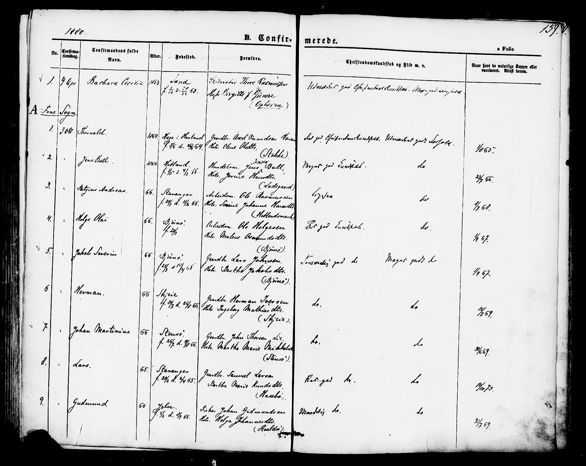 Hetland sokneprestkontor, SAST/A-101826/30/30BA/L0004: Parish register (official) no. A 4, 1862-1881, p. 159