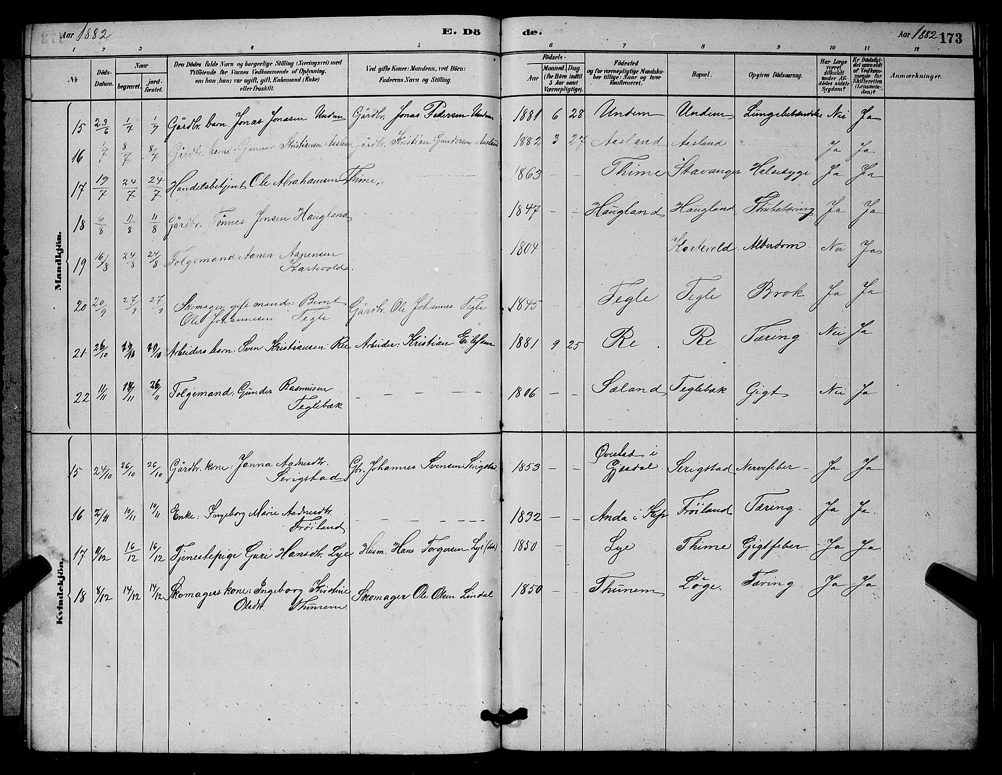 Lye sokneprestkontor, AV/SAST-A-101794/001/30BB/L0006: Parish register (copy) no. B 6, 1879-1888, p. 173