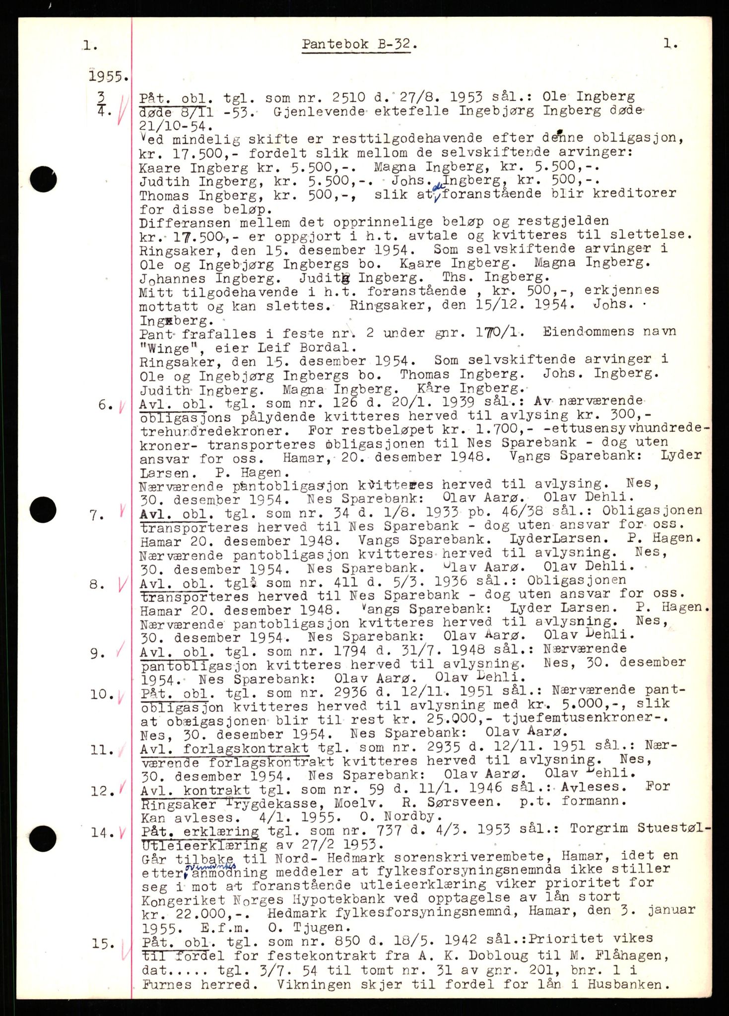 Nord-Hedmark sorenskriveri, SAH/TING-012/H/Hb/Hbf/L0032: Mortgage book no. B32, 1955-1955, Diary no: : 3/1955
