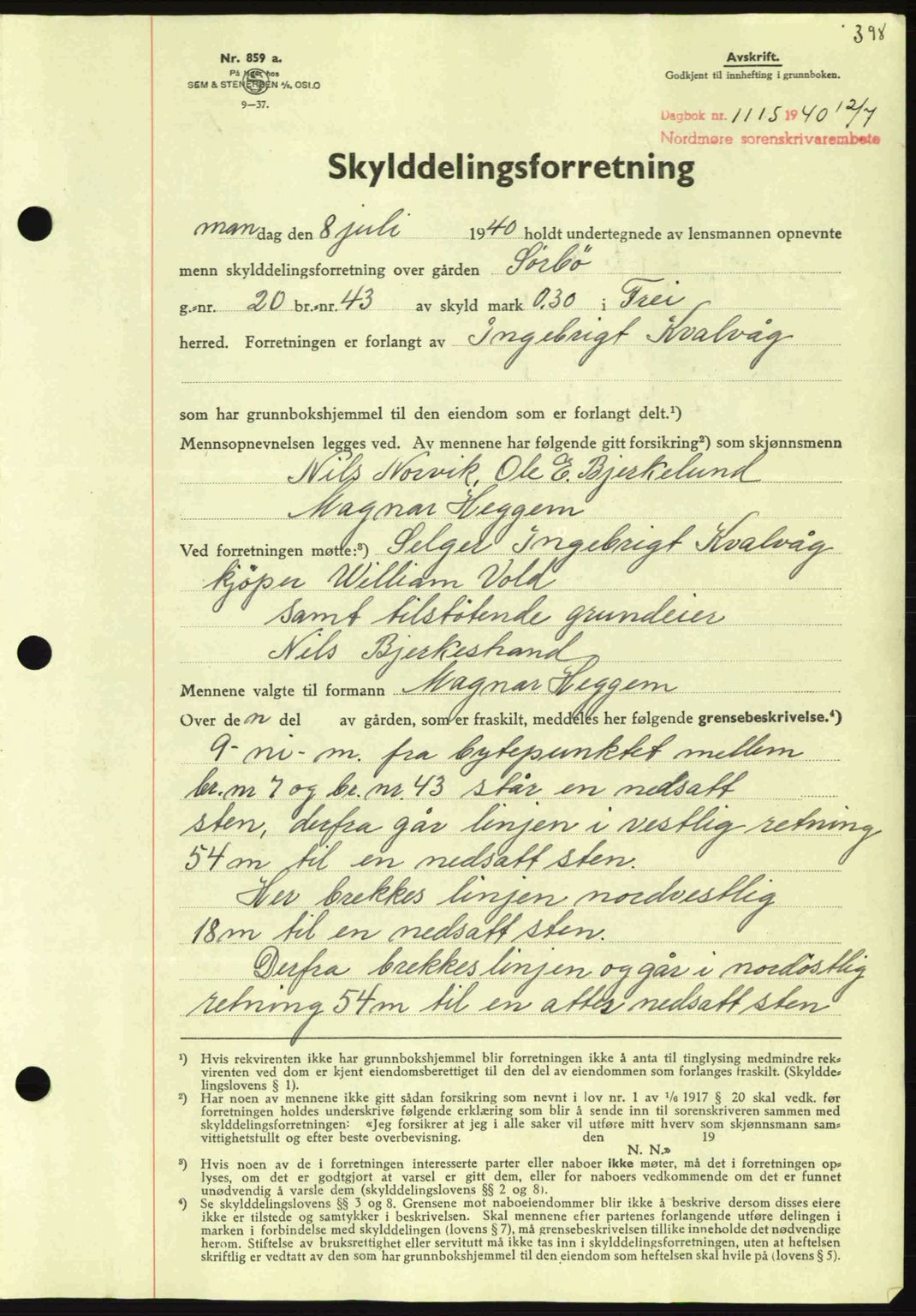 Nordmøre sorenskriveri, AV/SAT-A-4132/1/2/2Ca: Mortgage book no. A88, 1940-1940, Diary no: : 1115/1940