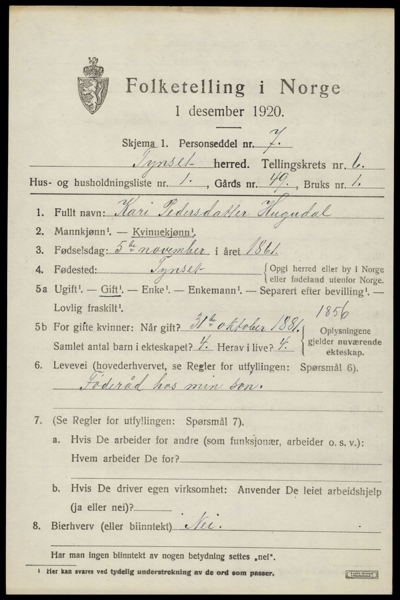 SAH, 1920 census for Tynset, 1920, p. 5522