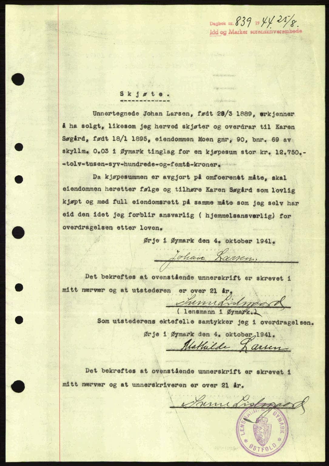 Idd og Marker sorenskriveri, AV/SAO-A-10283/G/Gb/Gbb/L0007: Mortgage book no. A7, 1944-1945, Diary no: : 839/1944