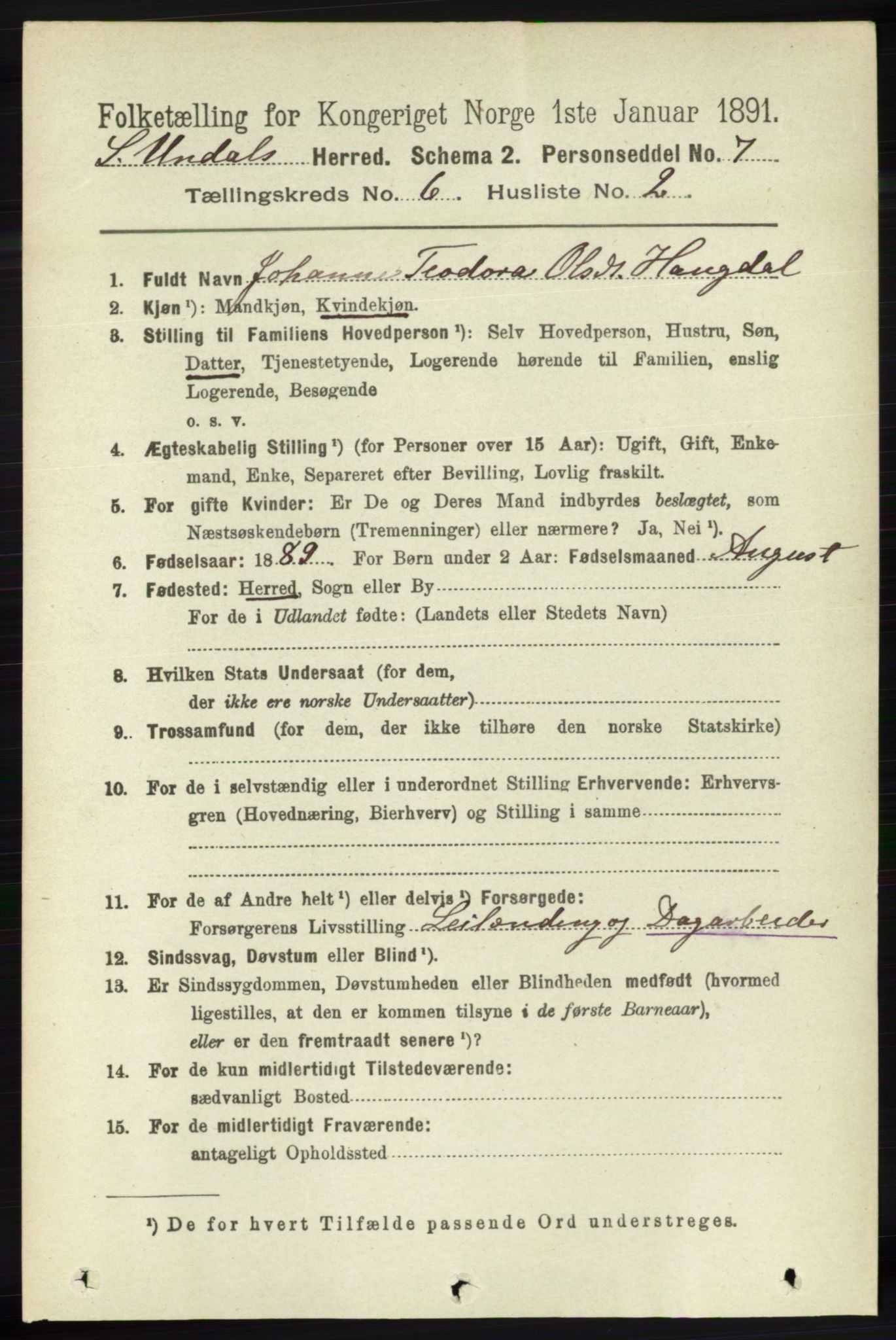 RA, 1891 census for 1029 Sør-Audnedal, 1891, p. 2297