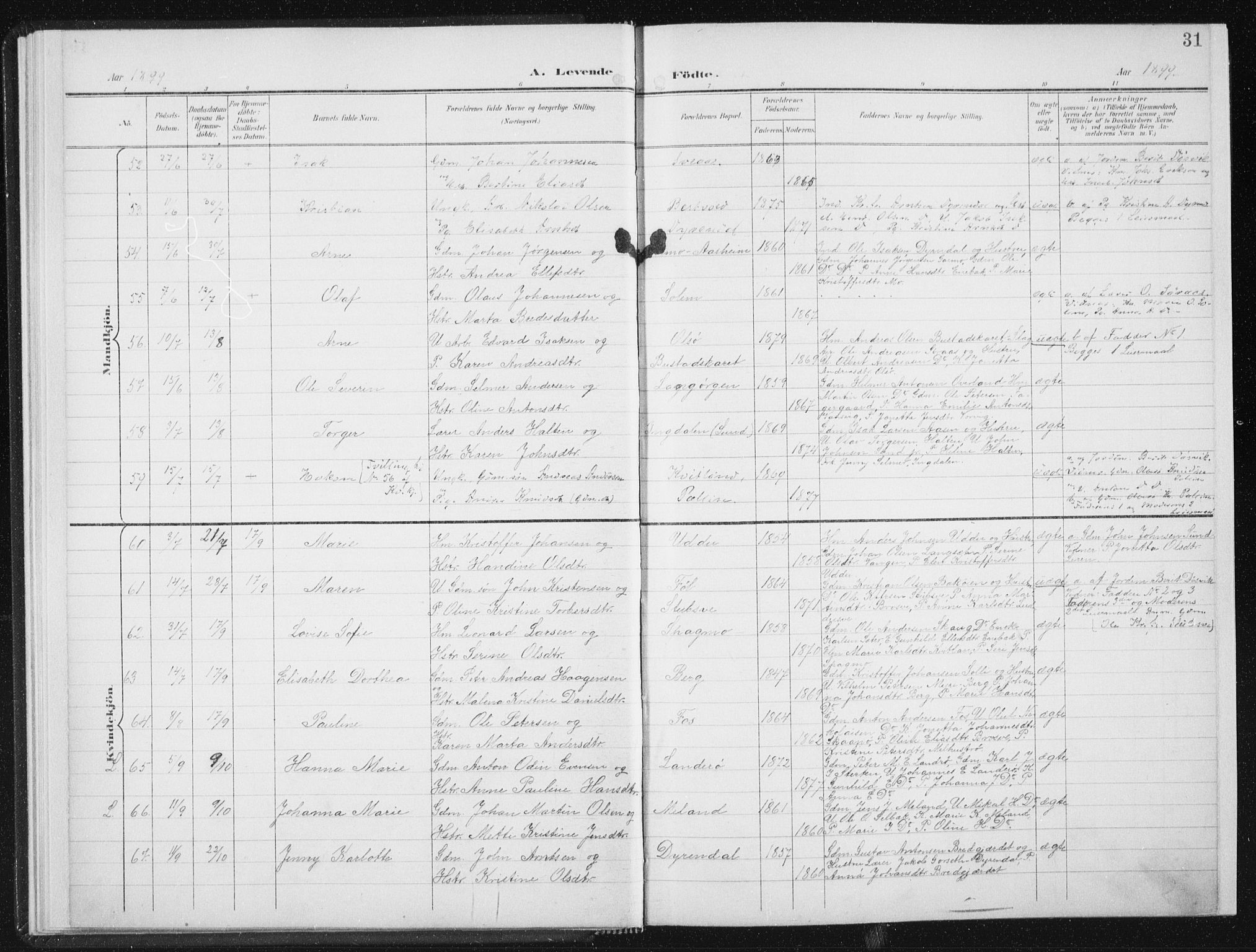 Ministerialprotokoller, klokkerbøker og fødselsregistre - Sør-Trøndelag, AV/SAT-A-1456/647/L0635: Parish register (official) no. 647A02, 1896-1911, p. 31