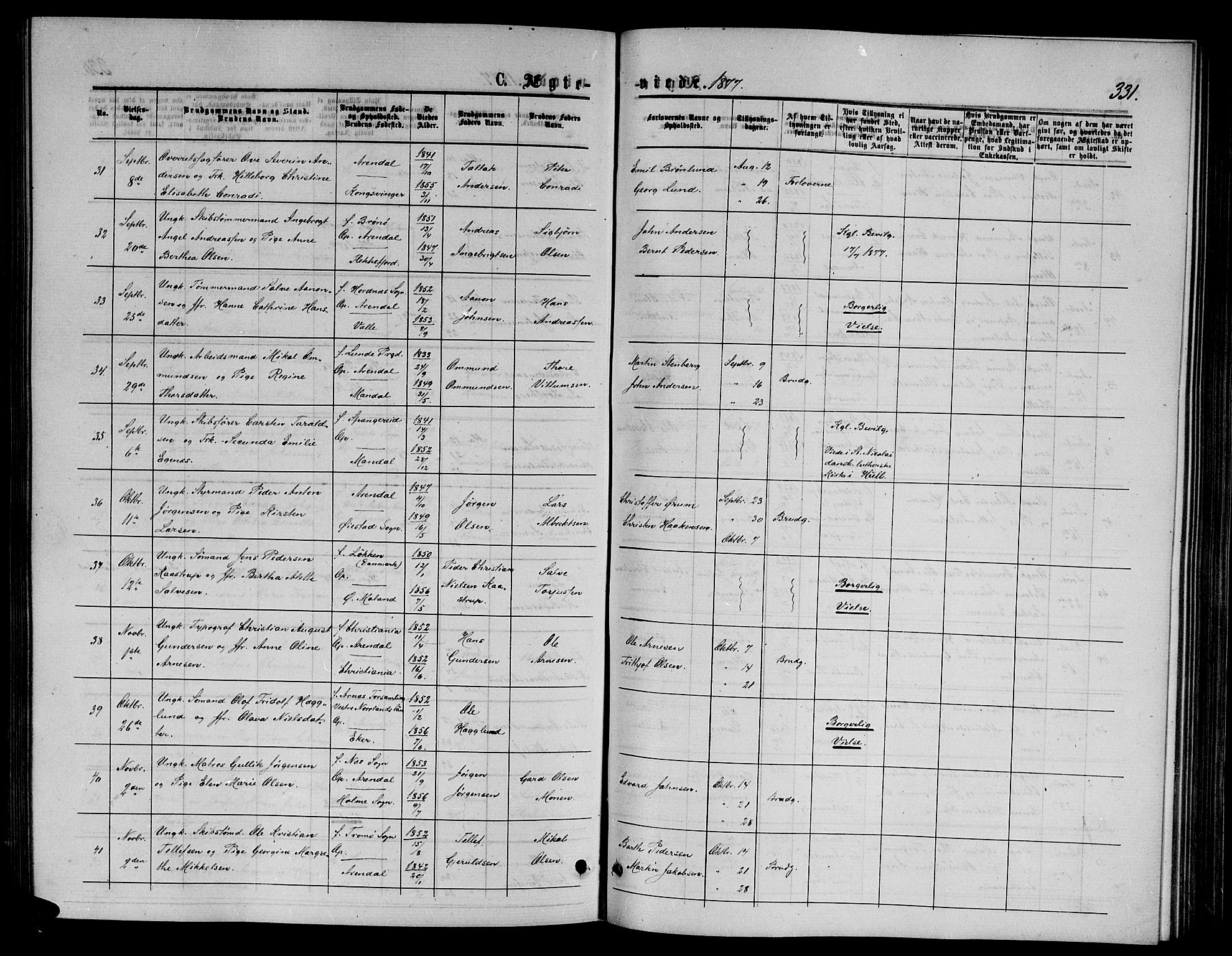 Arendal sokneprestkontor, Trefoldighet, SAK/1111-0040/F/Fb/L0005: Parish register (copy) no. B 5, 1874-1888, p. 331