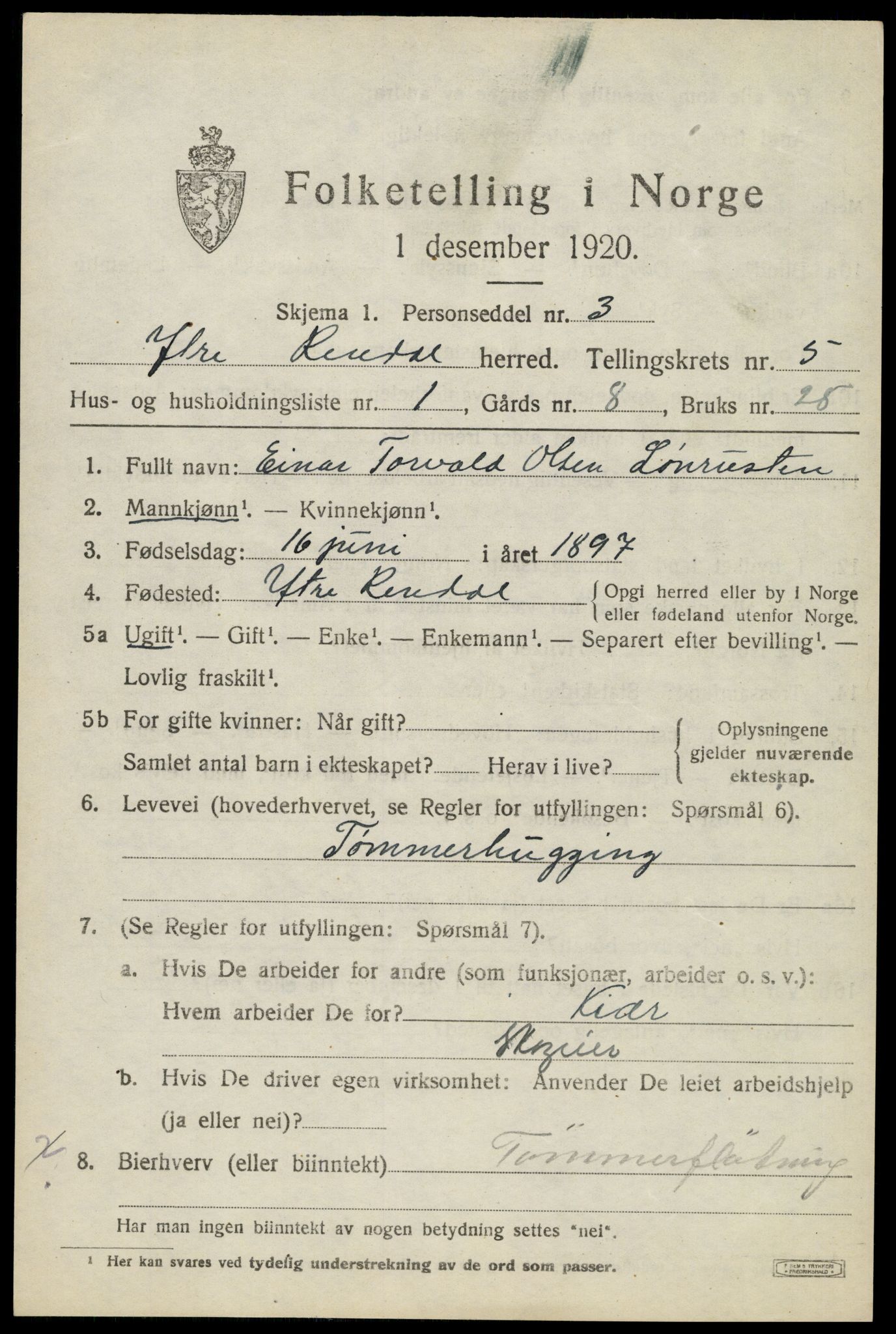 SAH, 1920 census for Ytre Rendal, 1920, p. 2643