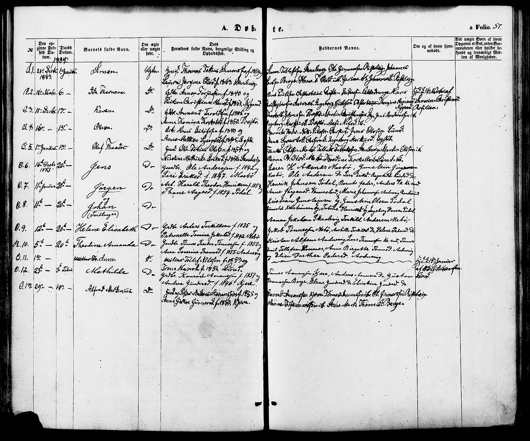 Oddernes sokneprestkontor, SAK/1111-0033/F/Fa/Fab/L0001: Parish register (official) no. A 1, 1865-1884, p. 57