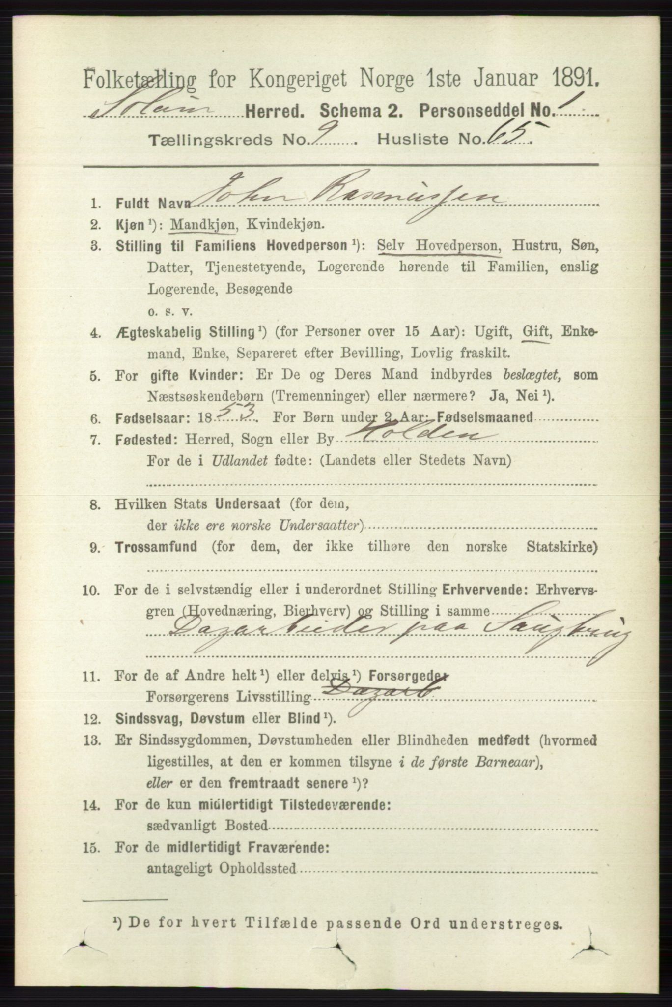 RA, 1891 census for 0818 Solum, 1891, p. 2413