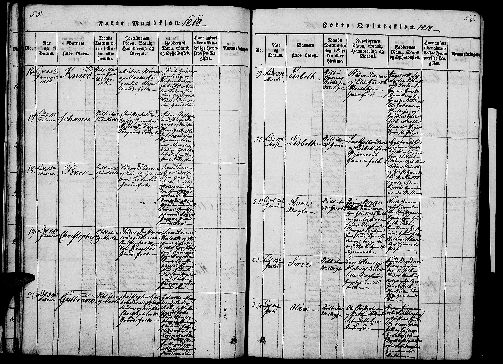 Vang prestekontor, Hedmark, AV/SAH-PREST-008/H/Ha/Haa/L0008: Parish register (official) no. 8, 1815-1826, p. 55-56