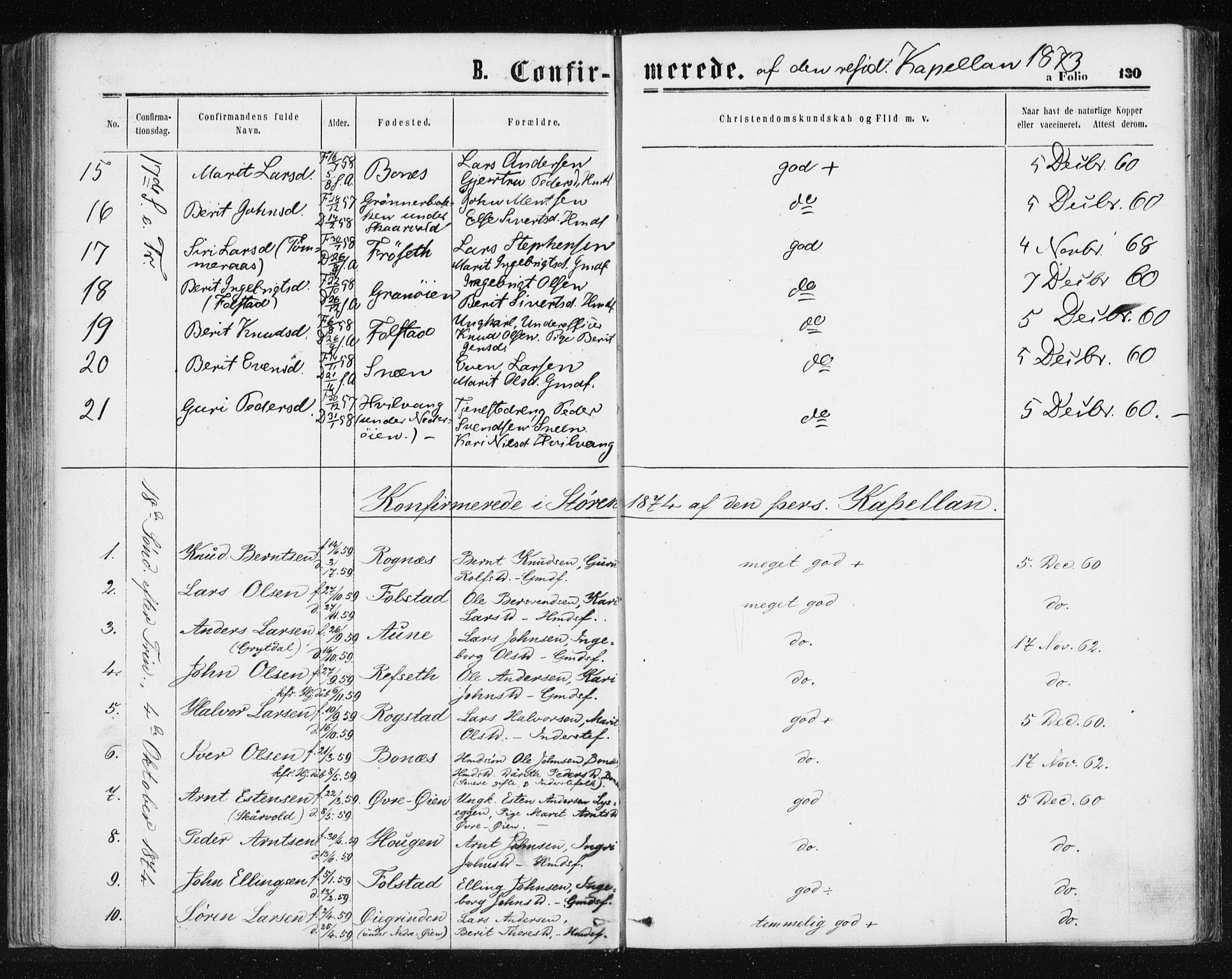 Ministerialprotokoller, klokkerbøker og fødselsregistre - Sør-Trøndelag, SAT/A-1456/687/L1001: Parish register (official) no. 687A07, 1863-1878, p. 130