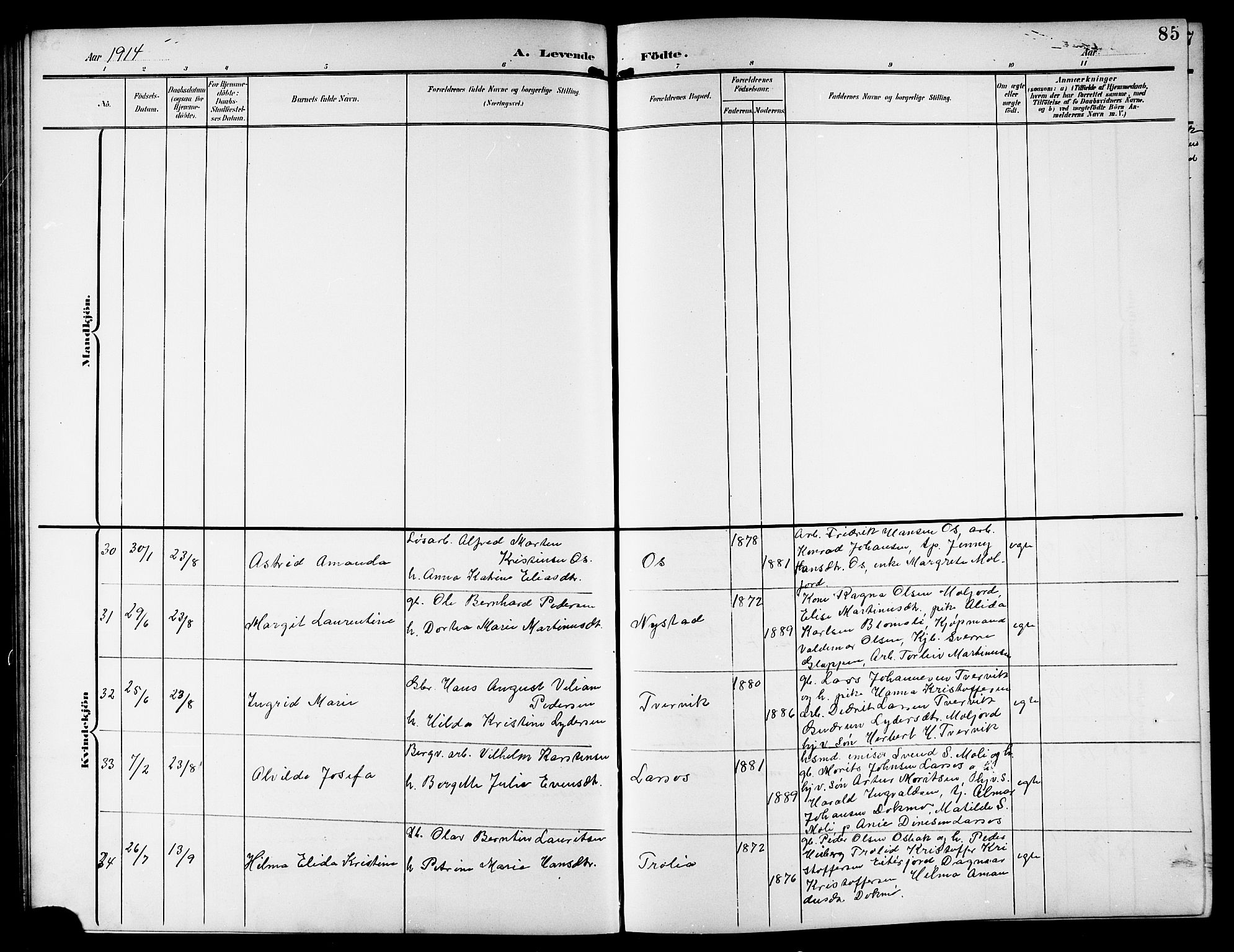 Ministerialprotokoller, klokkerbøker og fødselsregistre - Nordland, AV/SAT-A-1459/846/L0655: Parish register (copy) no. 846C05, 1902-1916, p. 85