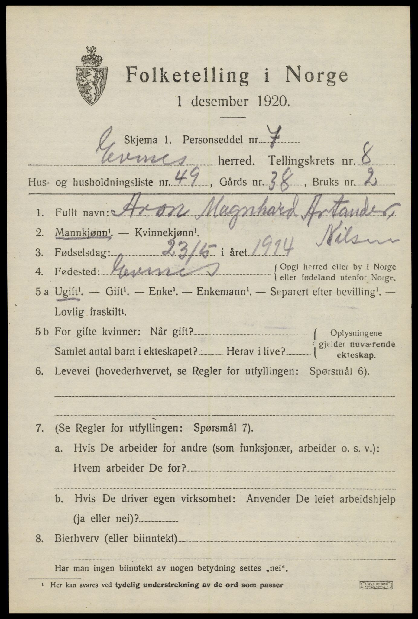 SAT, 1920 census for Evenes, 1920, p. 7034