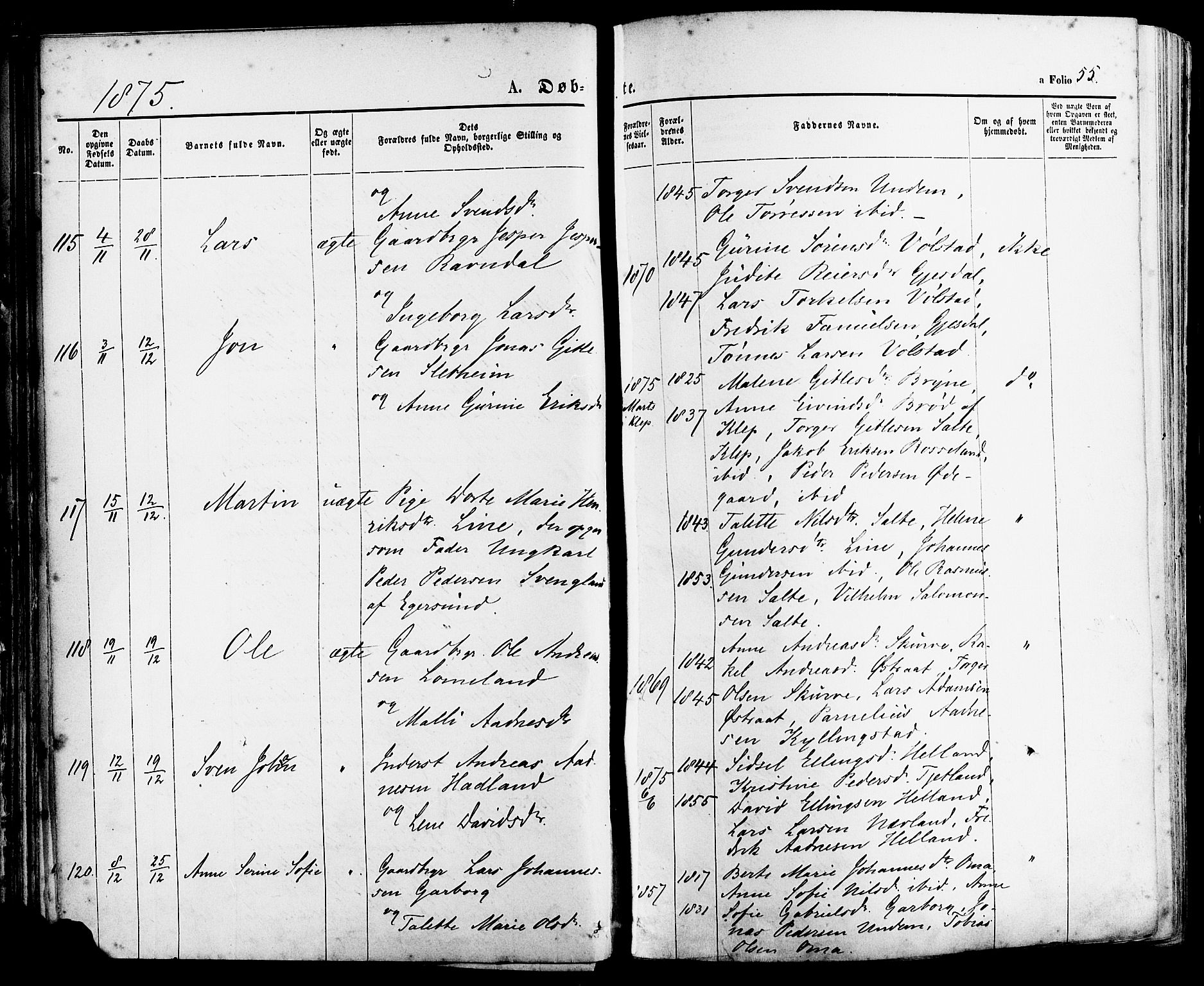 Lye sokneprestkontor, AV/SAST-A-101794/001/30BA/L0008: Parish register (official) no. A 7, 1872-1881, p. 55