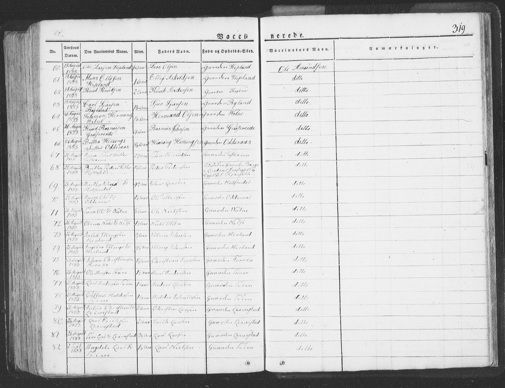 Hosanger sokneprestembete, AV/SAB-A-75801/H/Haa: Parish register (official) no. A 6, 1824-1835, p. 319