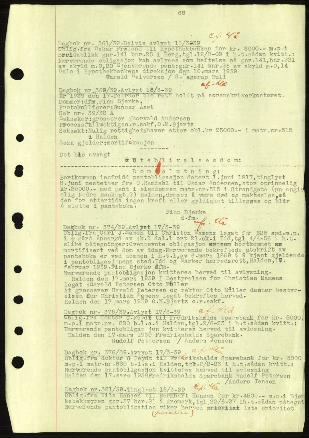 Idd og Marker sorenskriveri, AV/SAO-A-10283/G/Gb/Gbc/L0001: Mortgage book no. B1-3, 1936-1939, Diary no: : 361/1939