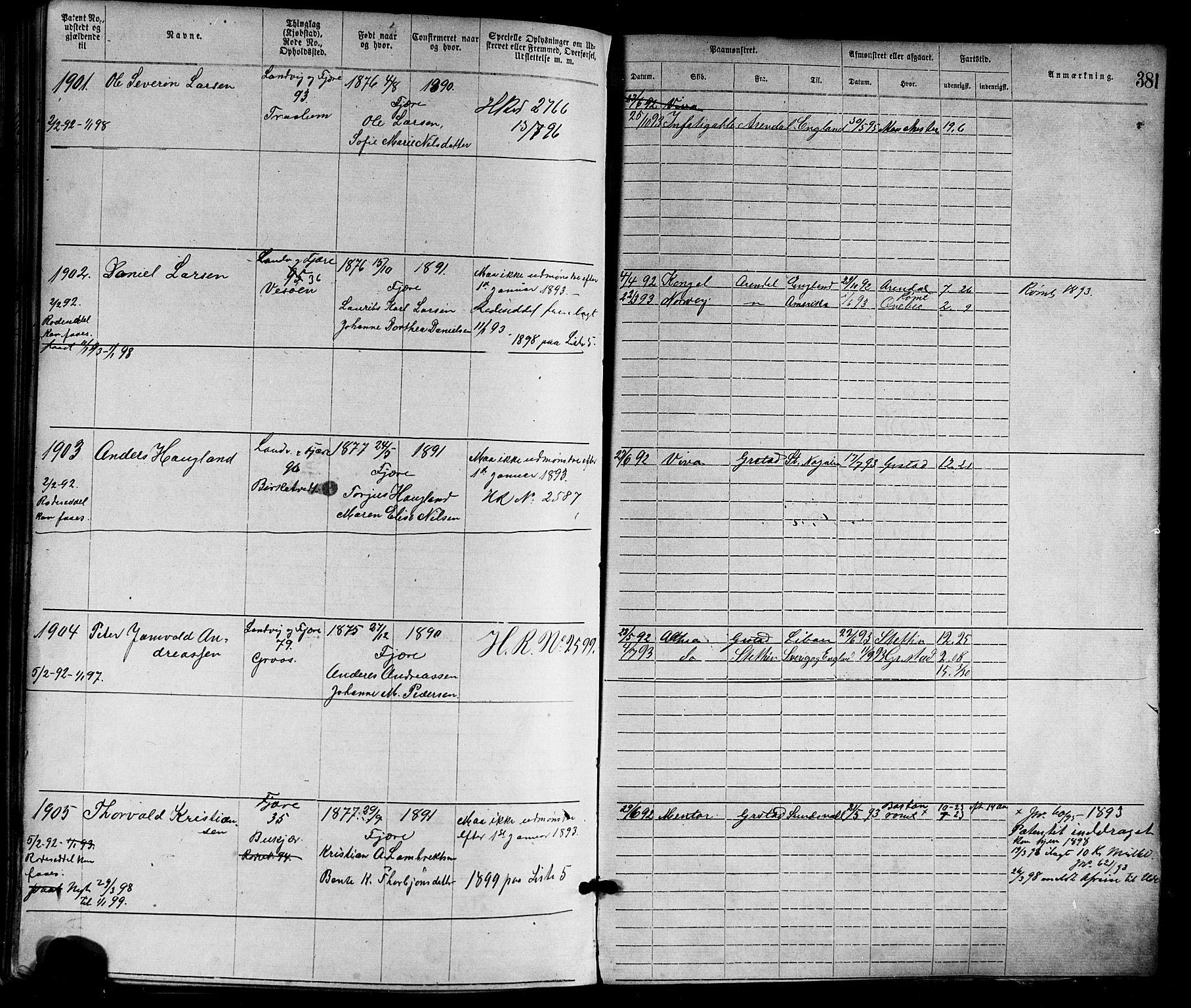 Grimstad mønstringskrets, SAK/2031-0013/F/Fa/L0001: Annotasjonsrulle nr 1-1920 med register, F-1, 1870-1892, p. 416