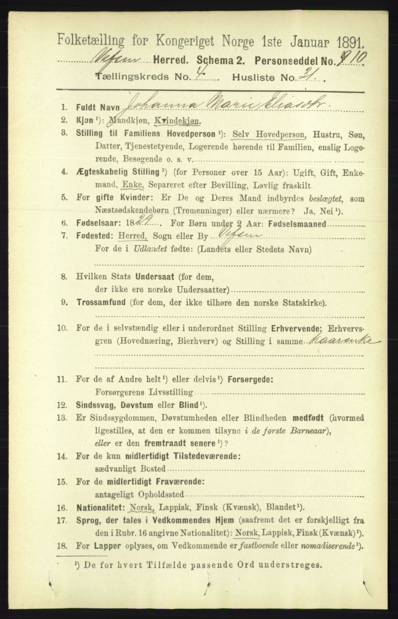 RA, 1891 census for 1824 Vefsn, 1891, p. 1846