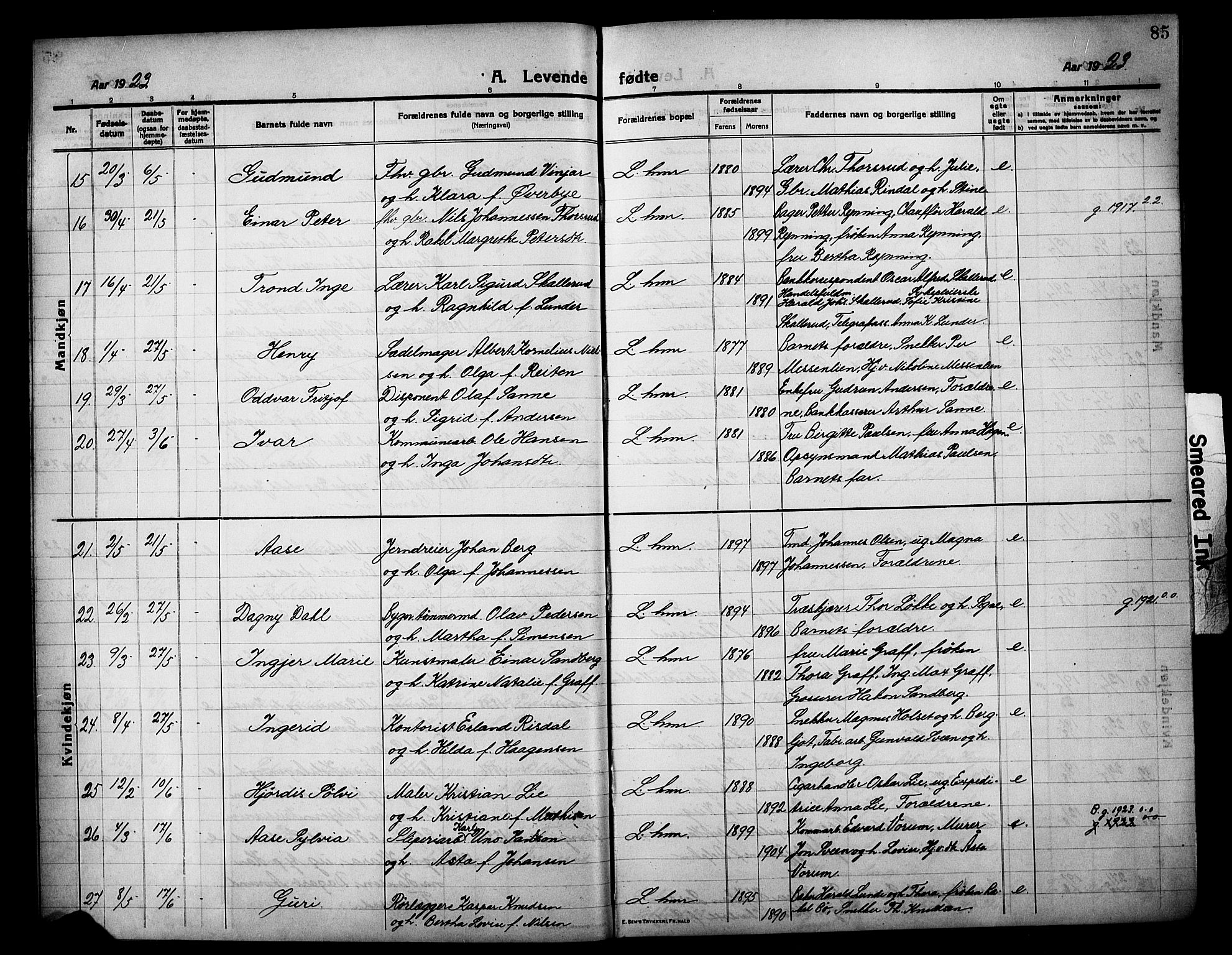 Lillehammer prestekontor, AV/SAH-PREST-088/H/Ha/Hab/L0002: Parish register (copy) no. 2, 1913-1929, p. 85