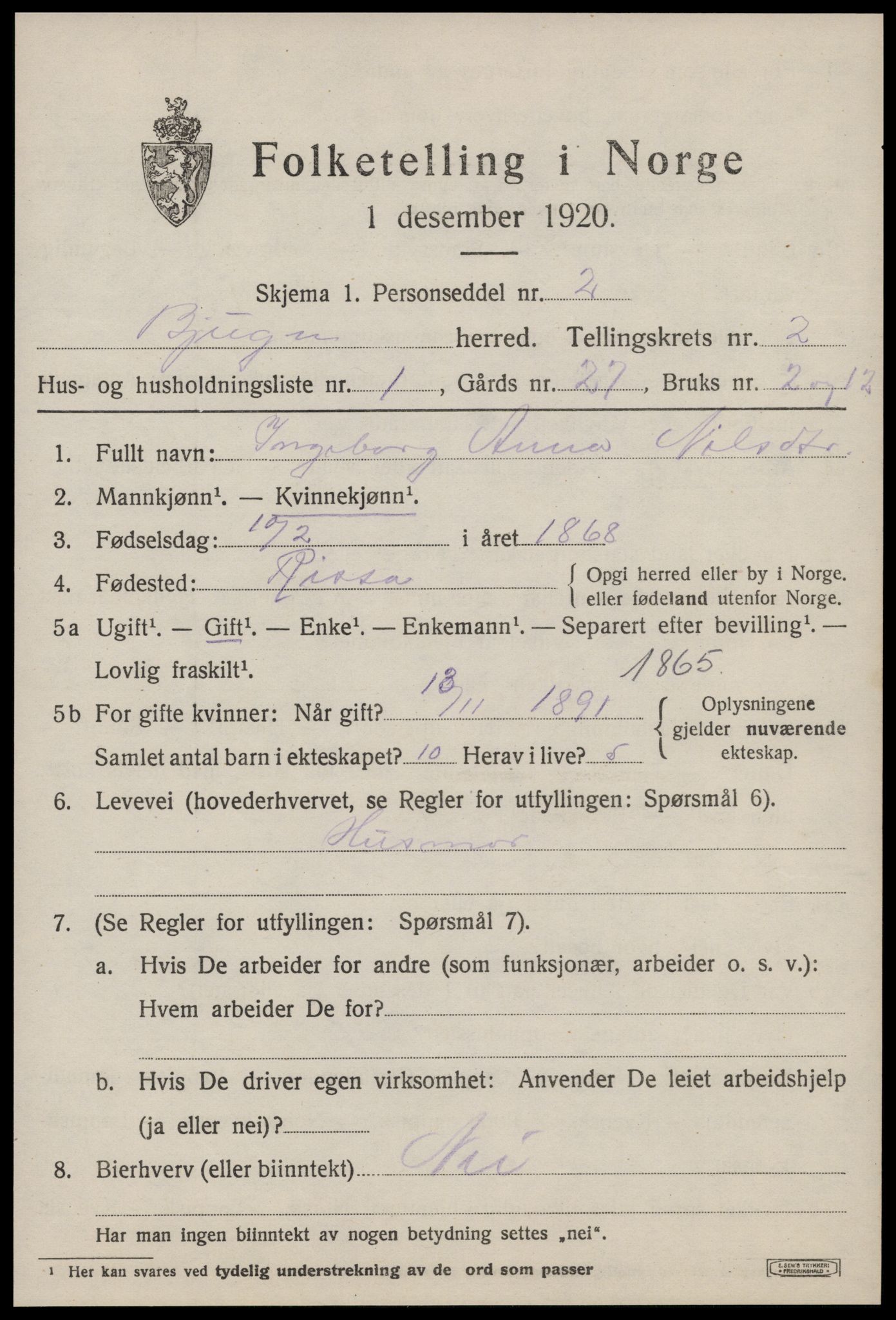 SAT, 1920 census for Bjugn, 1920, p. 1285