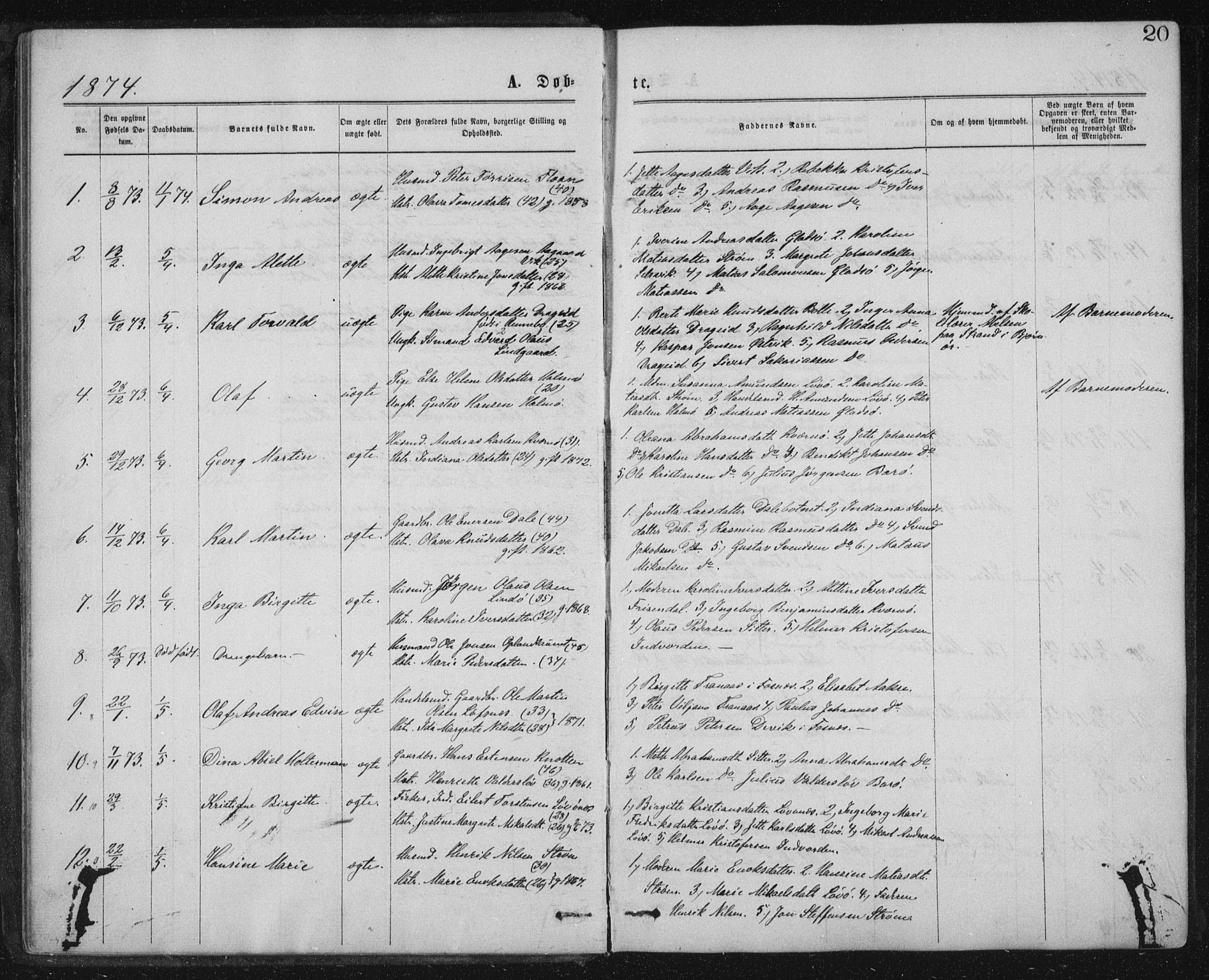 Ministerialprotokoller, klokkerbøker og fødselsregistre - Nord-Trøndelag, SAT/A-1458/771/L0596: Parish register (official) no. 771A03, 1870-1884, p. 20