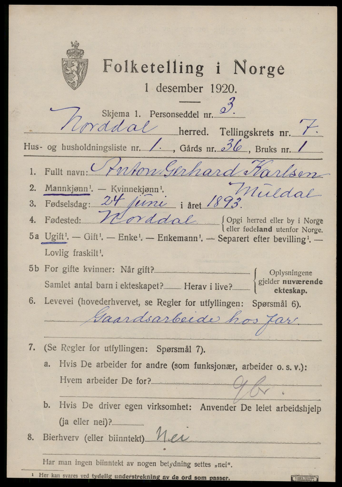 SAT, 1920 census for Norddal, 1920, p. 3361