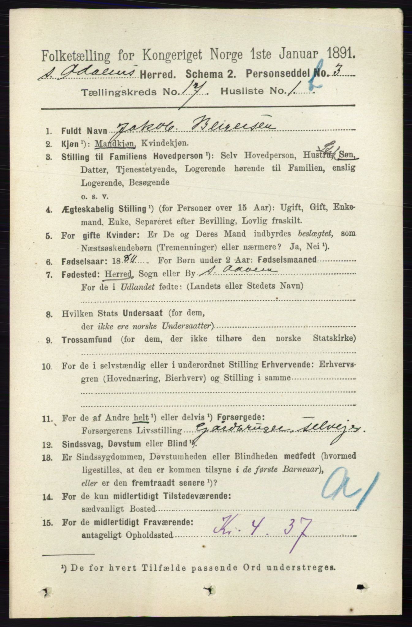 RA, 1891 census for 0419 Sør-Odal, 1891, p. 7841