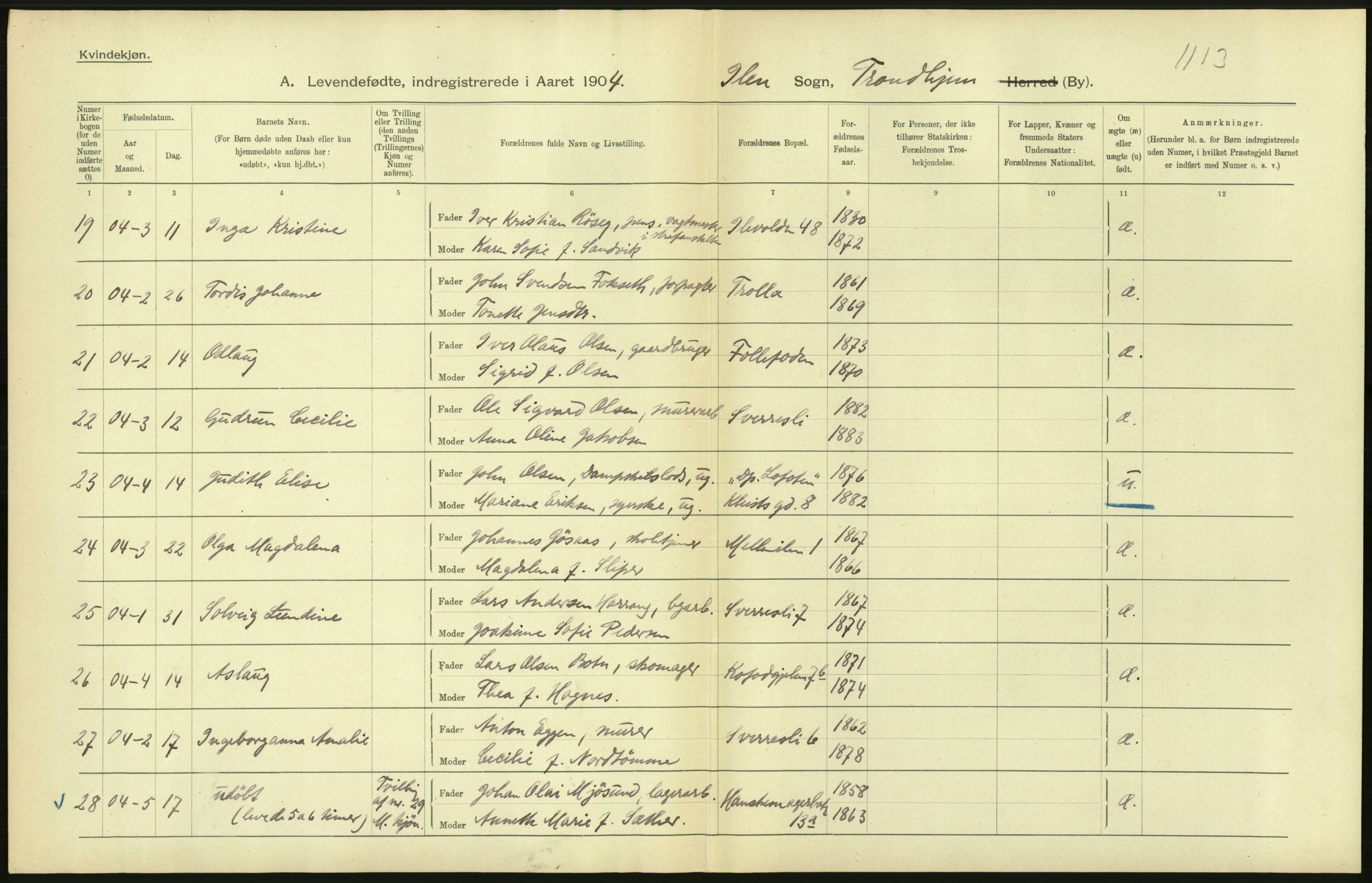 Statistisk sentralbyrå, Sosiodemografiske emner, Befolkning, AV/RA-S-2228/D/Df/Dfa/Dfab/L0018: Trondhjem: Fødte, gifte, døde., 1904, p. 168