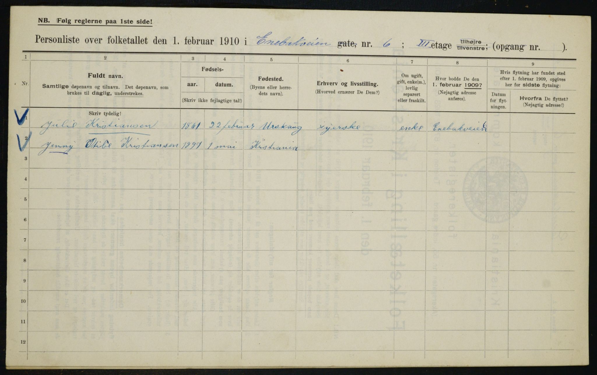 OBA, Municipal Census 1910 for Kristiania, 1910, p. 19219