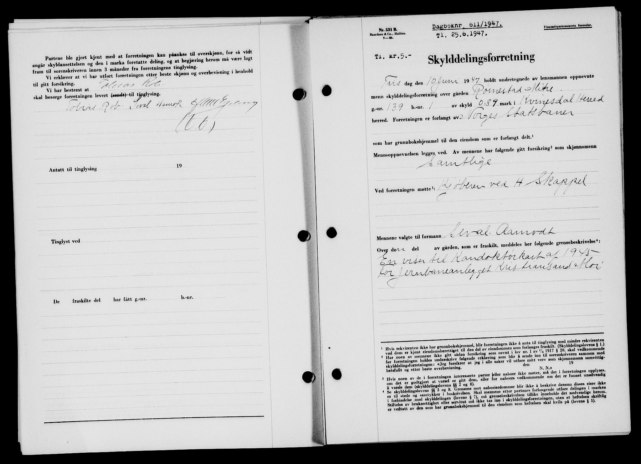 Flekkefjord sorenskriveri, SAK/1221-0001/G/Gb/Gba/L0062: Mortgage book no. A-10, 1947-1947, Diary no: : 611/1947