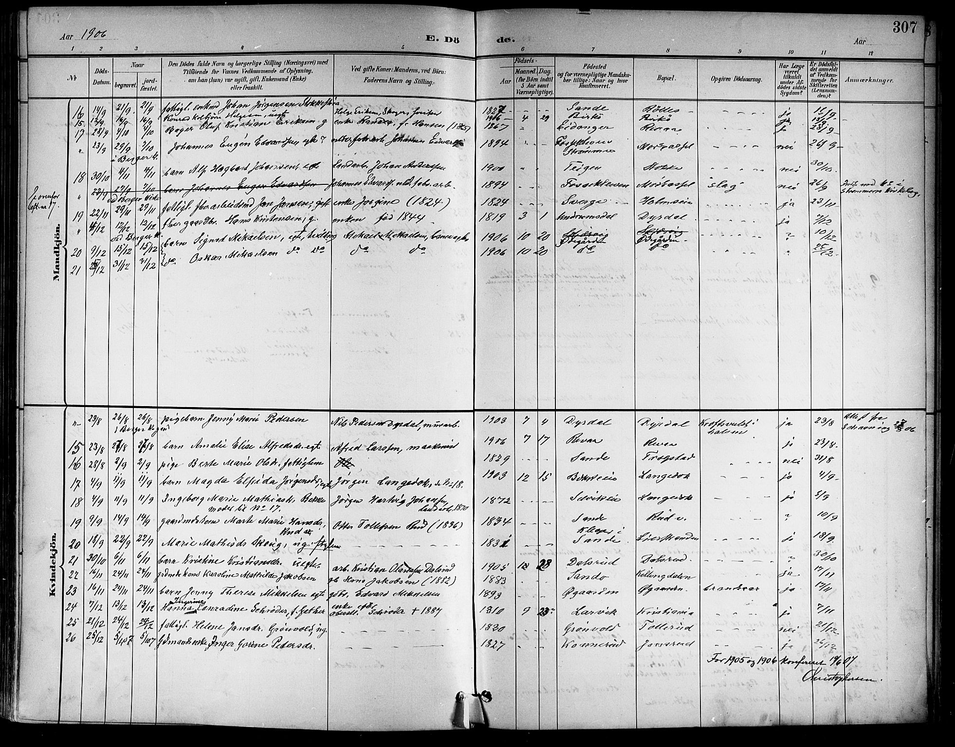 Sande Kirkebøker, AV/SAKO-A-53/G/Ga/L0004: Parish register (copy) no. 4, 1895-1918, p. 307