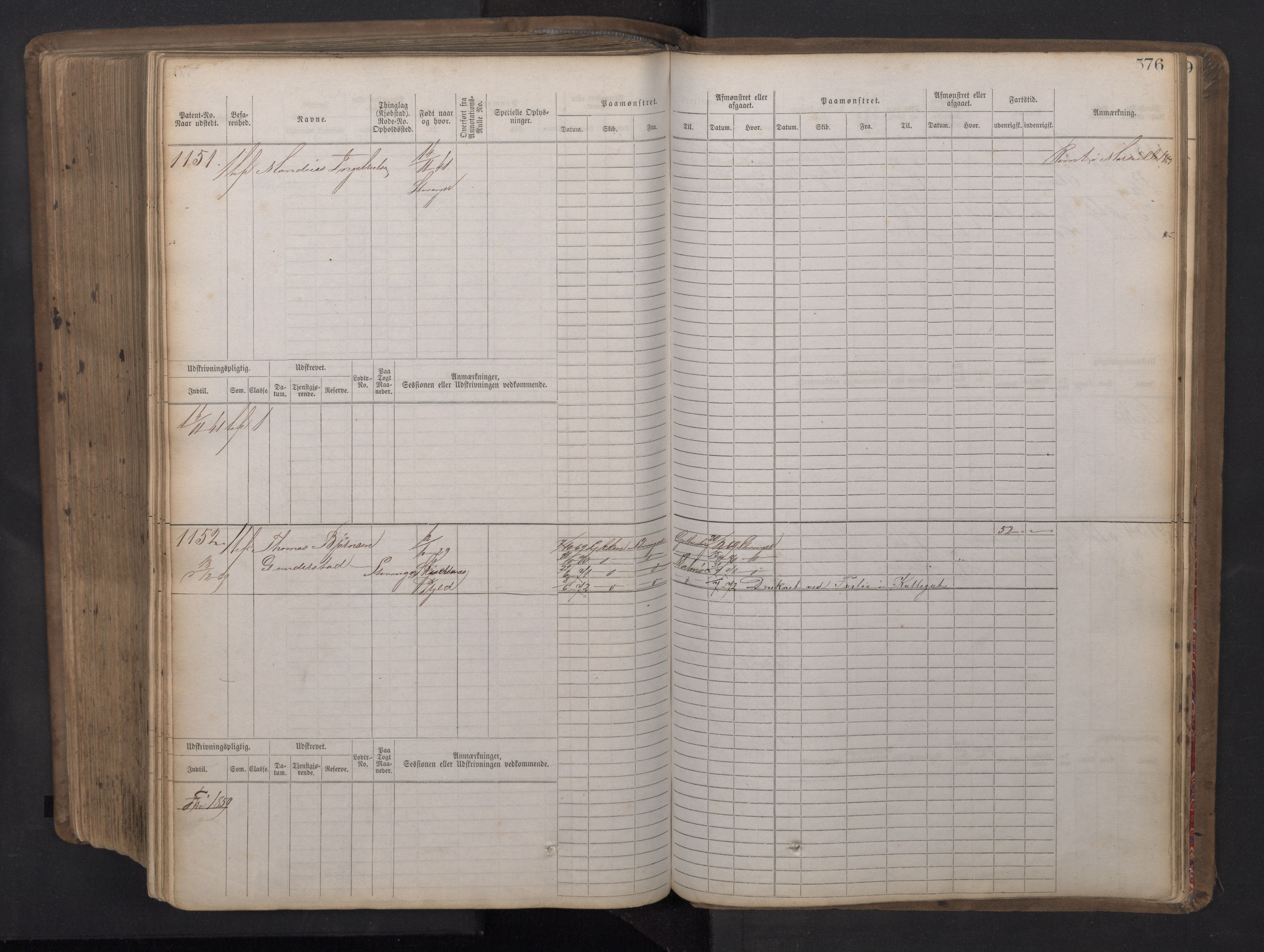 Stavanger sjømannskontor, AV/SAST-A-102006/F/Fb/Fbb/L0016: Sjøfartshovedrulle patnentnr. 1-1202 (dublett), 1869, p. 576