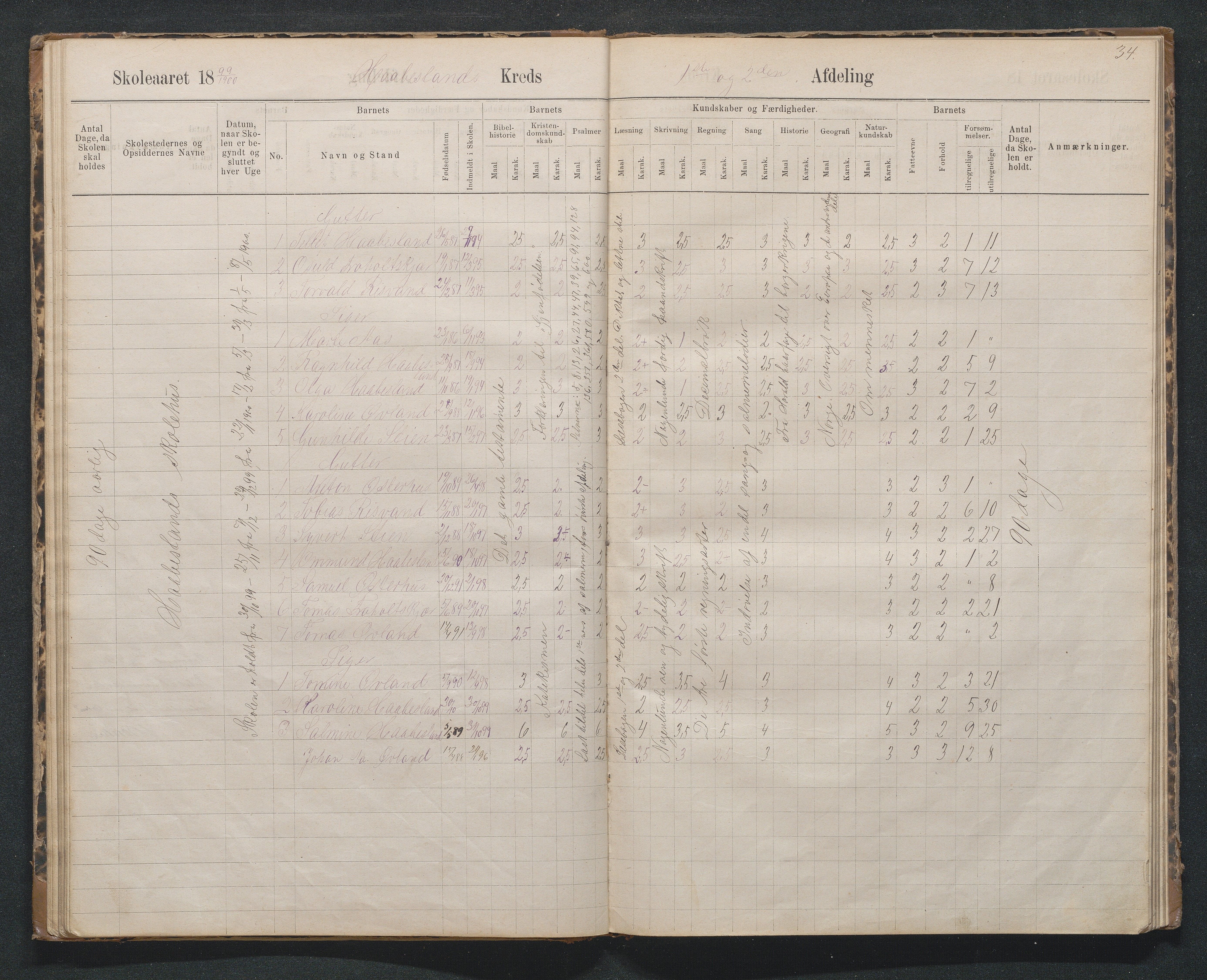 Birkenes kommune, Håbesland, Holte og Rislå skolekretser frem til 1991, AAKS/KA0928-550c_91/F02/L0002: Skoleprotokoll Håbesland, Holte og Rislå, 1888-1917, p. 34