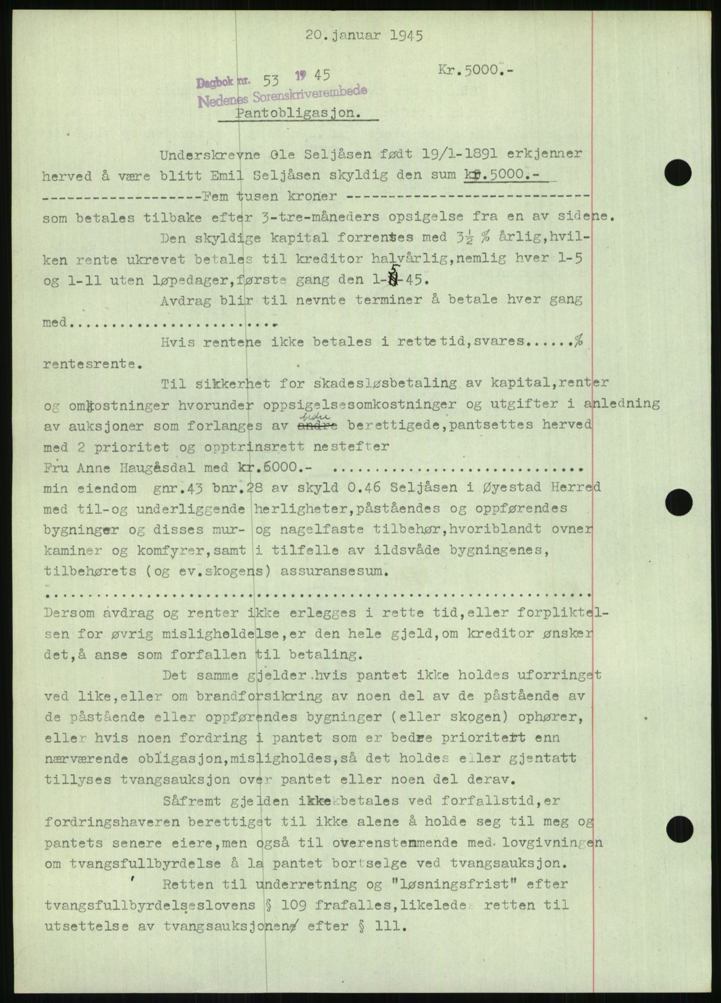 Nedenes sorenskriveri, AV/SAK-1221-0006/G/Gb/Gbb/L0002: Mortgage book no. II, 1942-1945, Diary no: : 53/1945