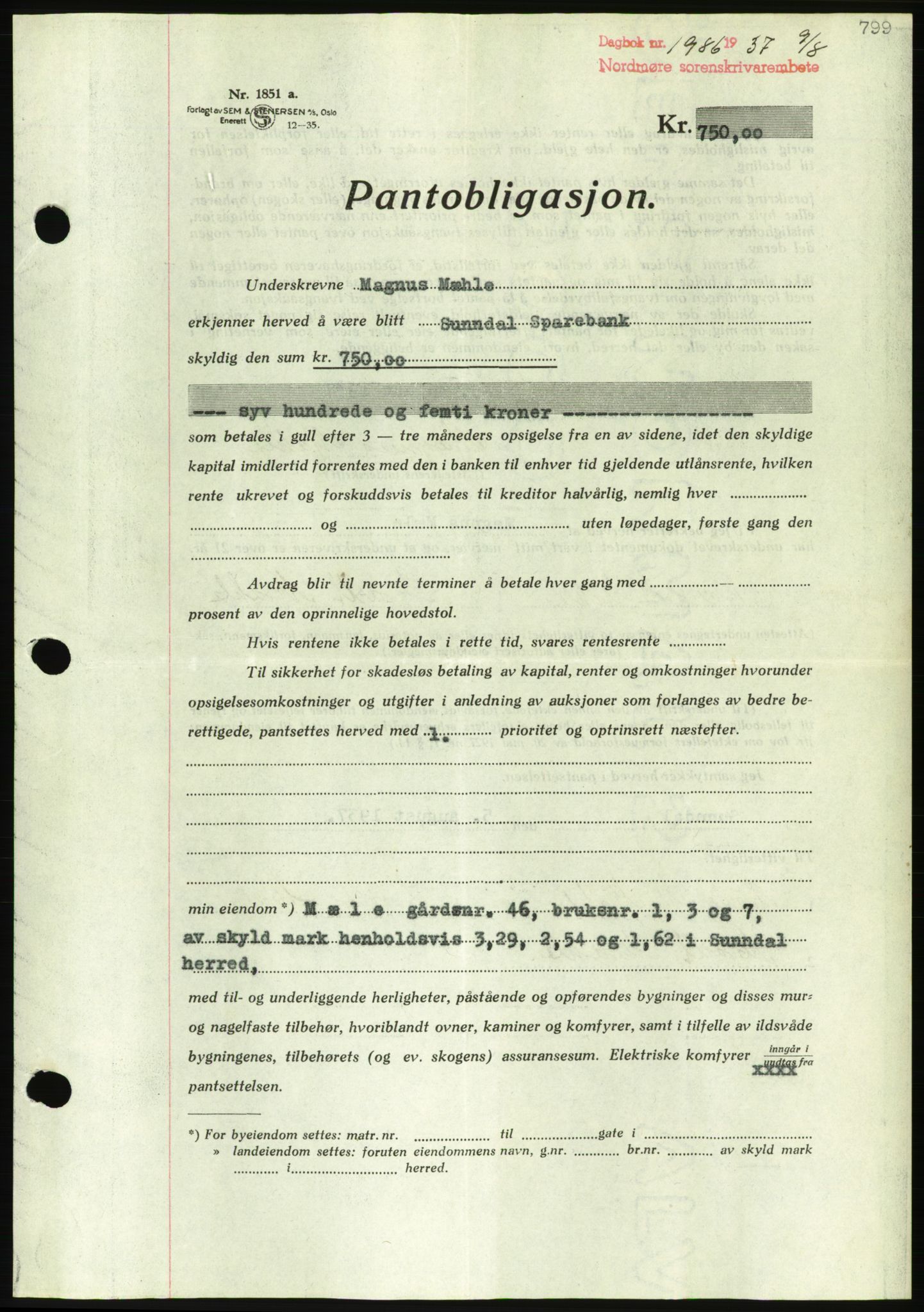 Nordmøre sorenskriveri, AV/SAT-A-4132/1/2/2Ca/L0091: Mortgage book no. B81, 1937-1937, Diary no: : 1986/1937