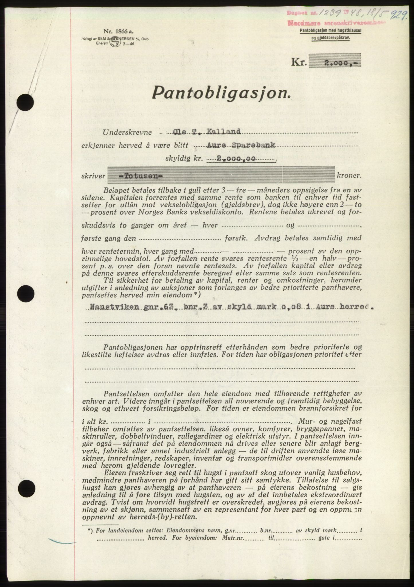 Nordmøre sorenskriveri, AV/SAT-A-4132/1/2/2Ca: Mortgage book no. B98, 1948-1948, Diary no: : 1239/1948