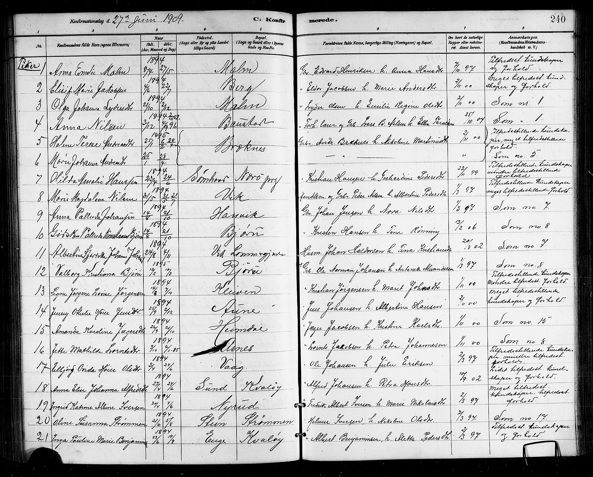 Ministerialprotokoller, klokkerbøker og fødselsregistre - Nordland, SAT/A-1459/812/L0188: Parish register (copy) no. 812C06, 1884-1912, p. 240