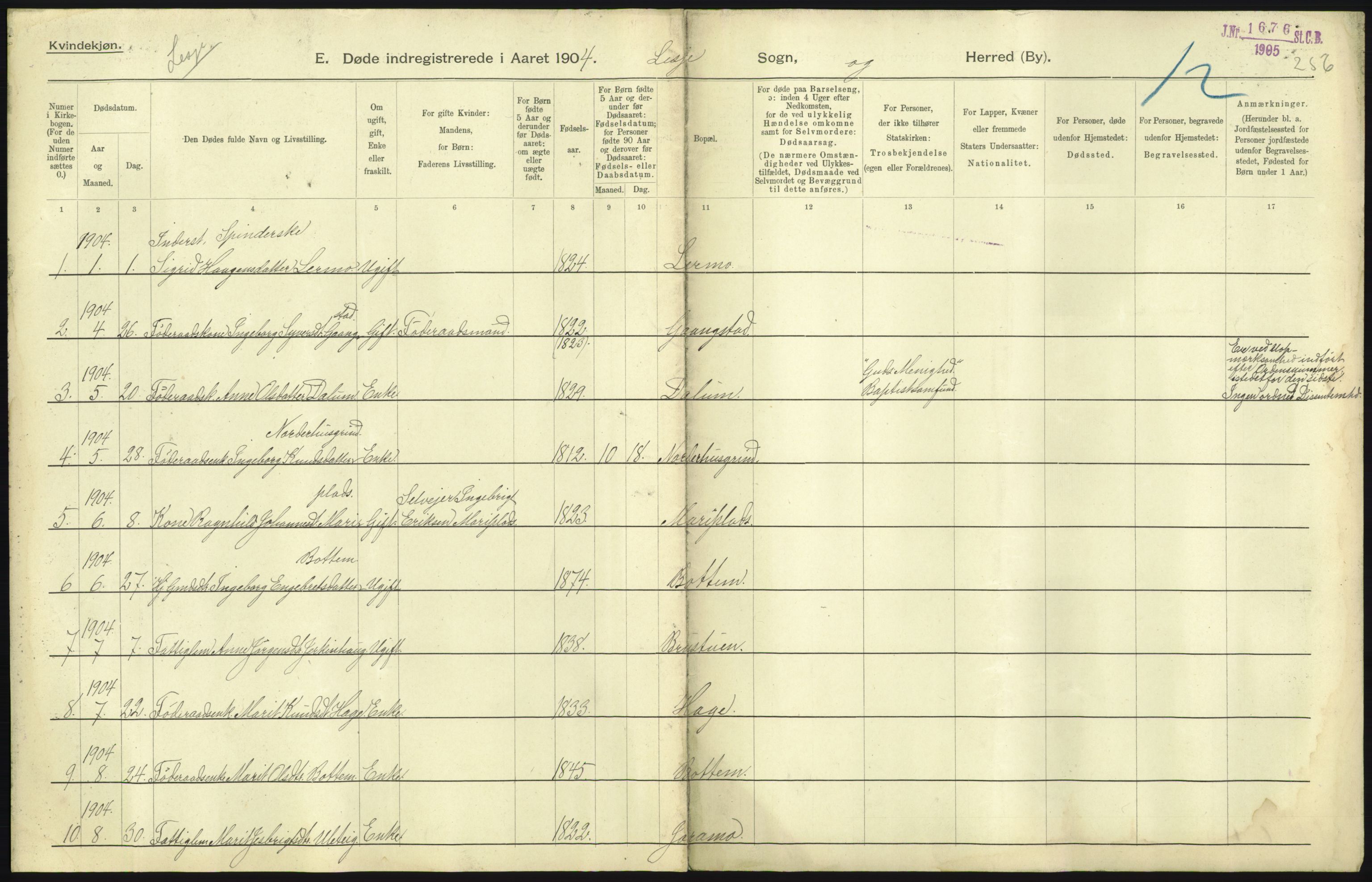 Statistisk sentralbyrå, Sosiodemografiske emner, Befolkning, AV/RA-S-2228/D/Df/Dfa/Dfab/L0006: Kristians amt: Fødte, gifte, døde, 1904, p. 445