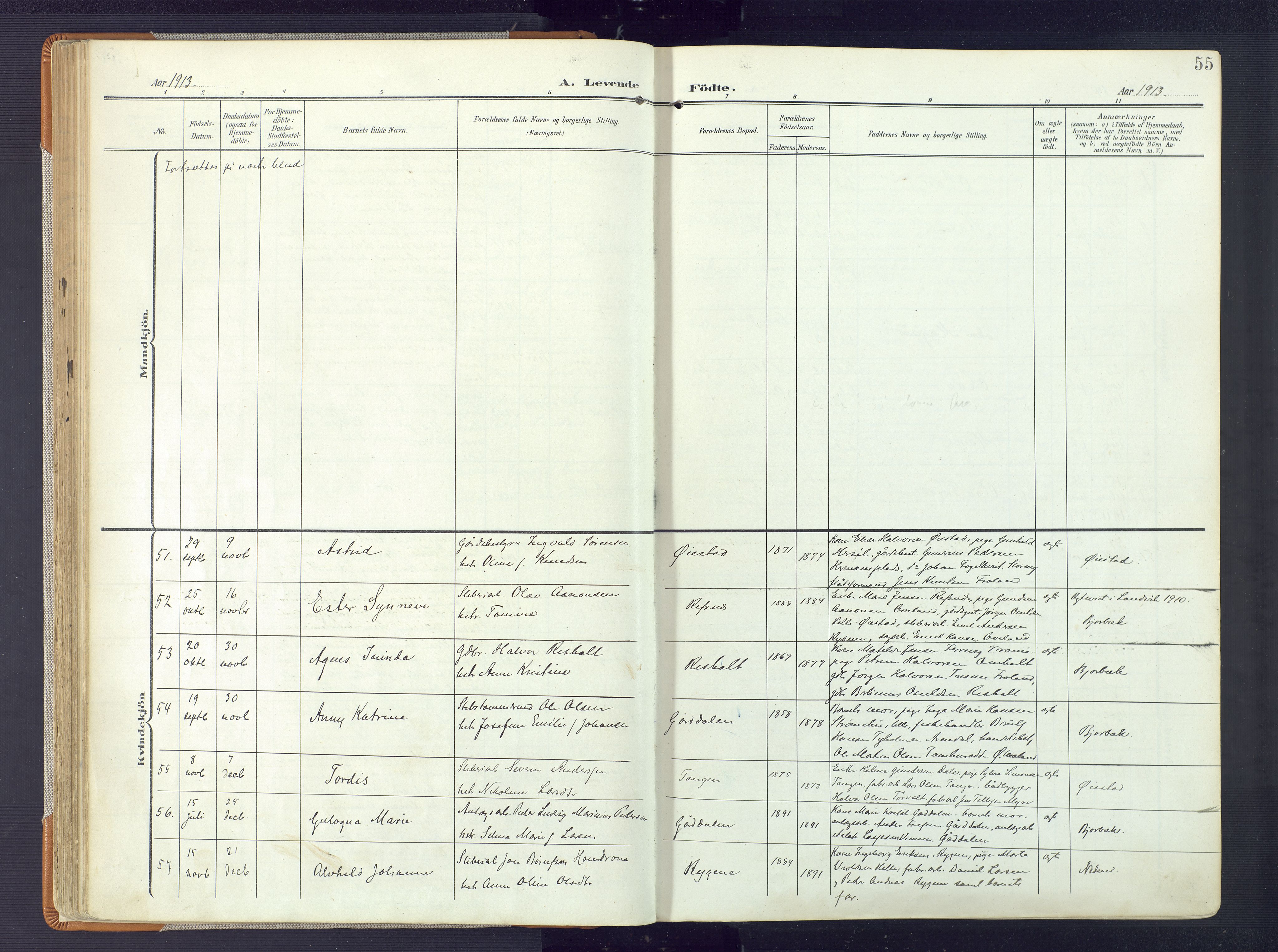 Øyestad sokneprestkontor, AV/SAK-1111-0049/F/Fa/L0019: Parish register (official) no. A 19, 1908-1922, p. 55