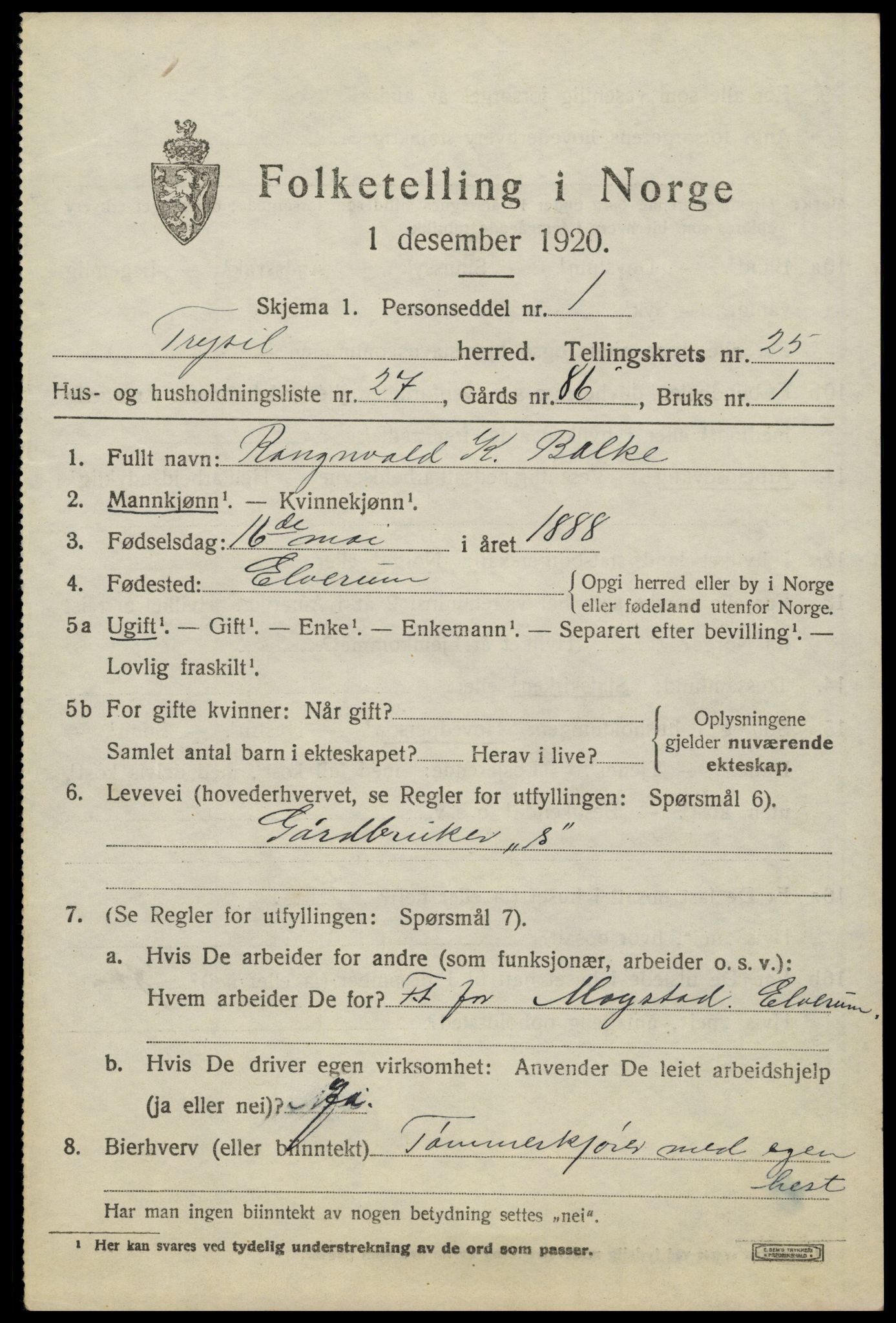 SAH, 1920 census for Trysil, 1920, p. 15999