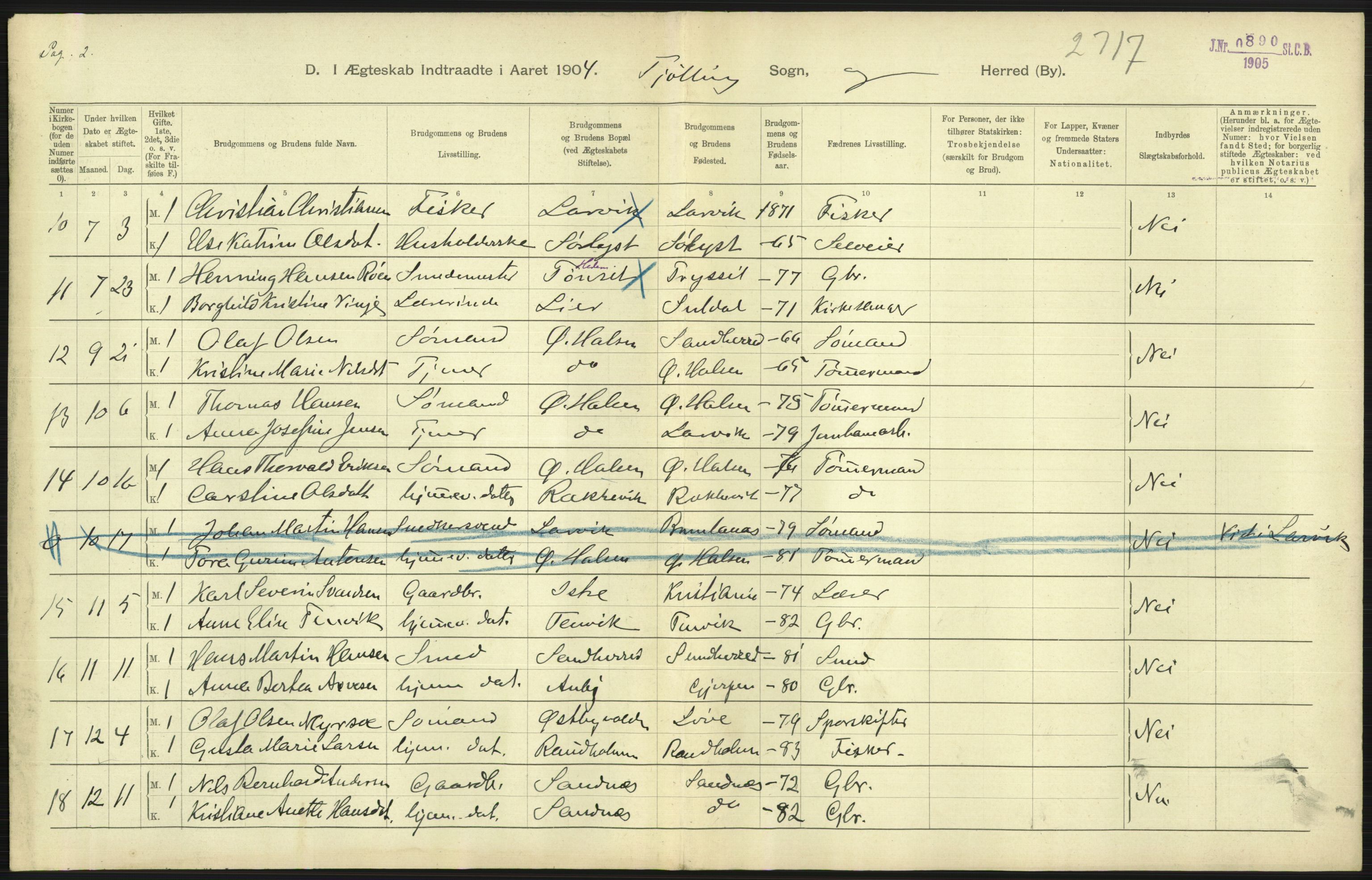 Statistisk sentralbyrå, Sosiodemografiske emner, Befolkning, AV/RA-S-2228/D/Df/Dfa/Dfab/L0008: Jarlsberg og Larvig amt: Fødte, gifte, døde, 1904, p. 401