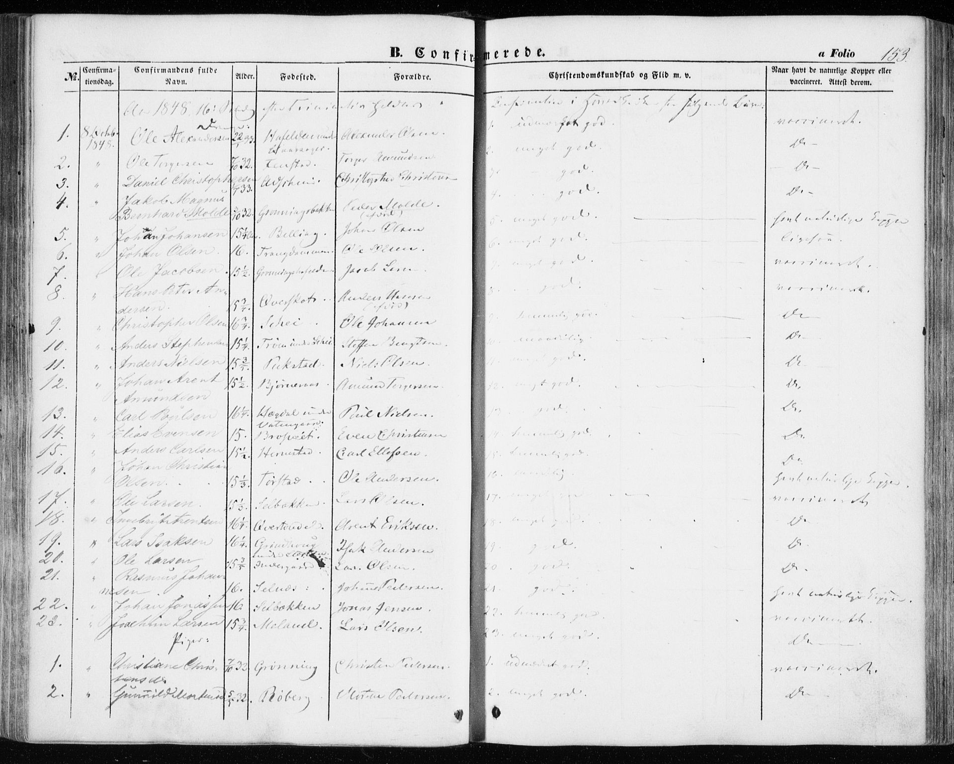 Ministerialprotokoller, klokkerbøker og fødselsregistre - Sør-Trøndelag, SAT/A-1456/646/L0611: Parish register (official) no. 646A09, 1848-1857, p. 153