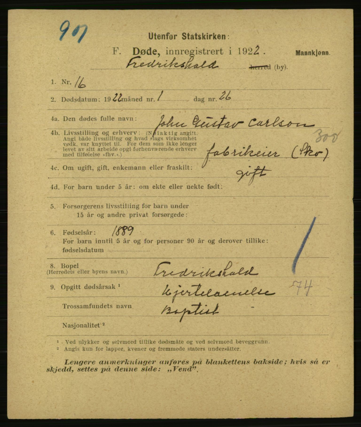 Statistisk sentralbyrå, Sosiodemografiske emner, Befolkning, AV/RA-S-2228/E/L0020: Fødte, gifte, døde dissentere., 1922, p. 2377