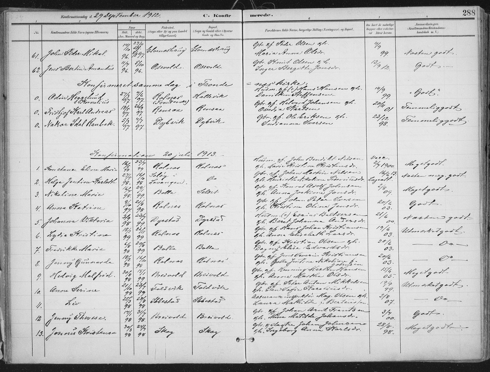 Ibestad sokneprestembete, SATØ/S-0077/H/Ha/Haa/L0017kirke: Parish register (official) no. 17, 1901-1914, p. 288