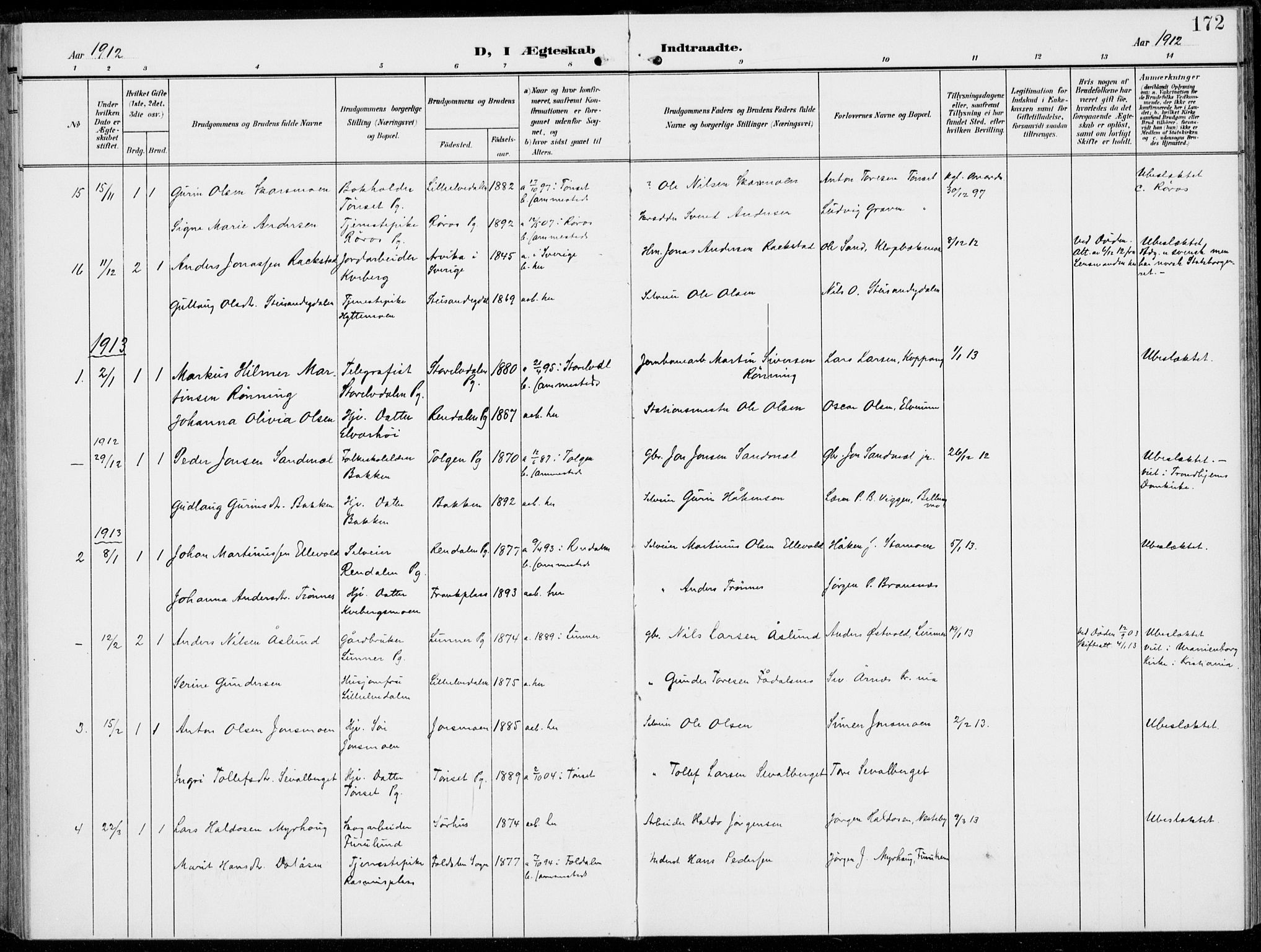 Alvdal prestekontor, AV/SAH-PREST-060/H/Ha/Haa/L0004: Parish register (official) no. 4, 1907-1919, p. 172