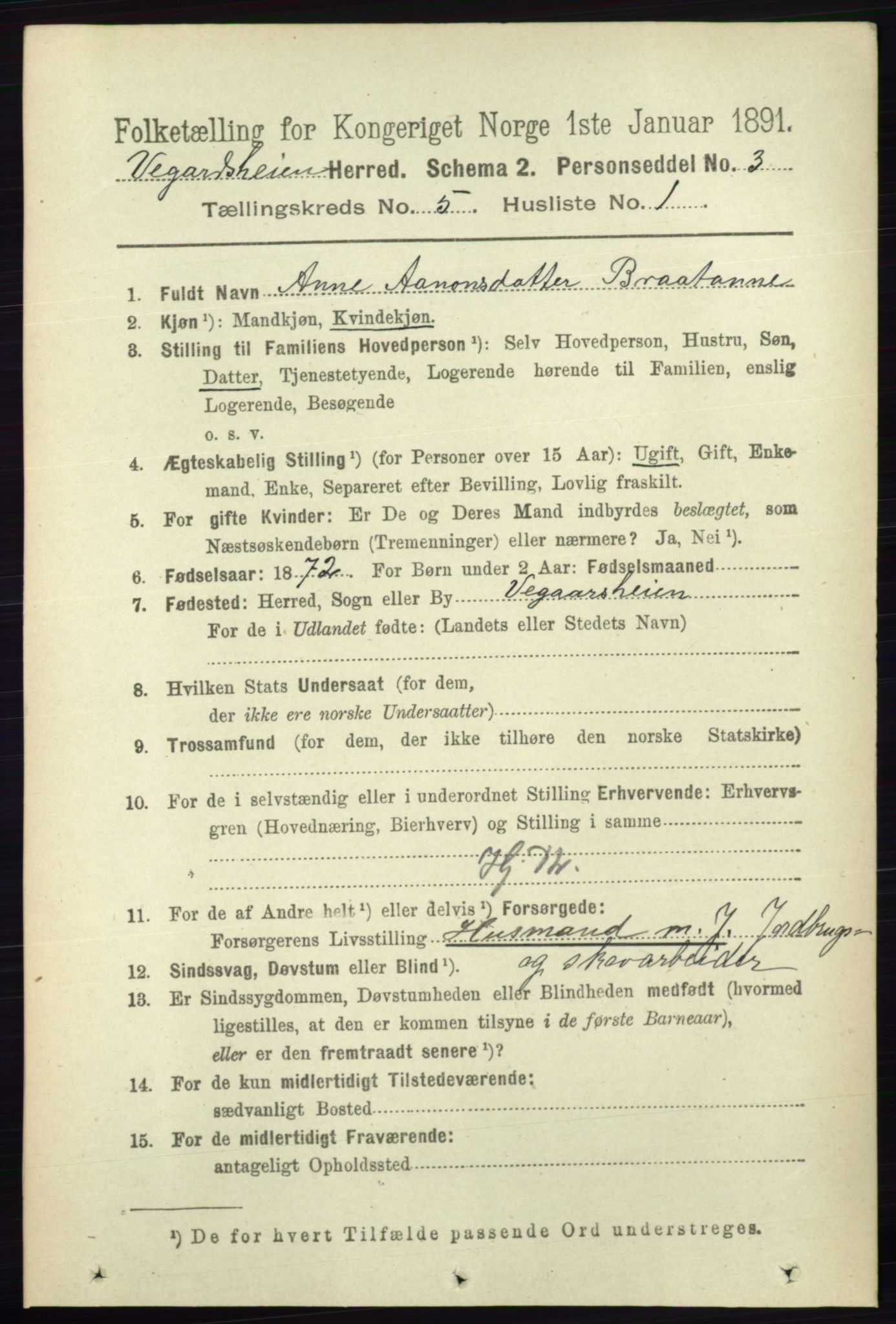 RA, 1891 census for 0912 Vegårshei, 1891, p. 971