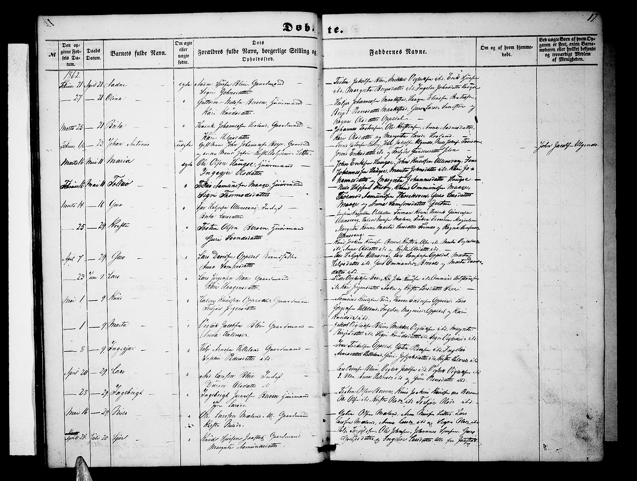 Ullensvang sokneprestembete, SAB/A-78701/H/Hab: Parish register (copy) no. B 10, 1858-1886, p. 17