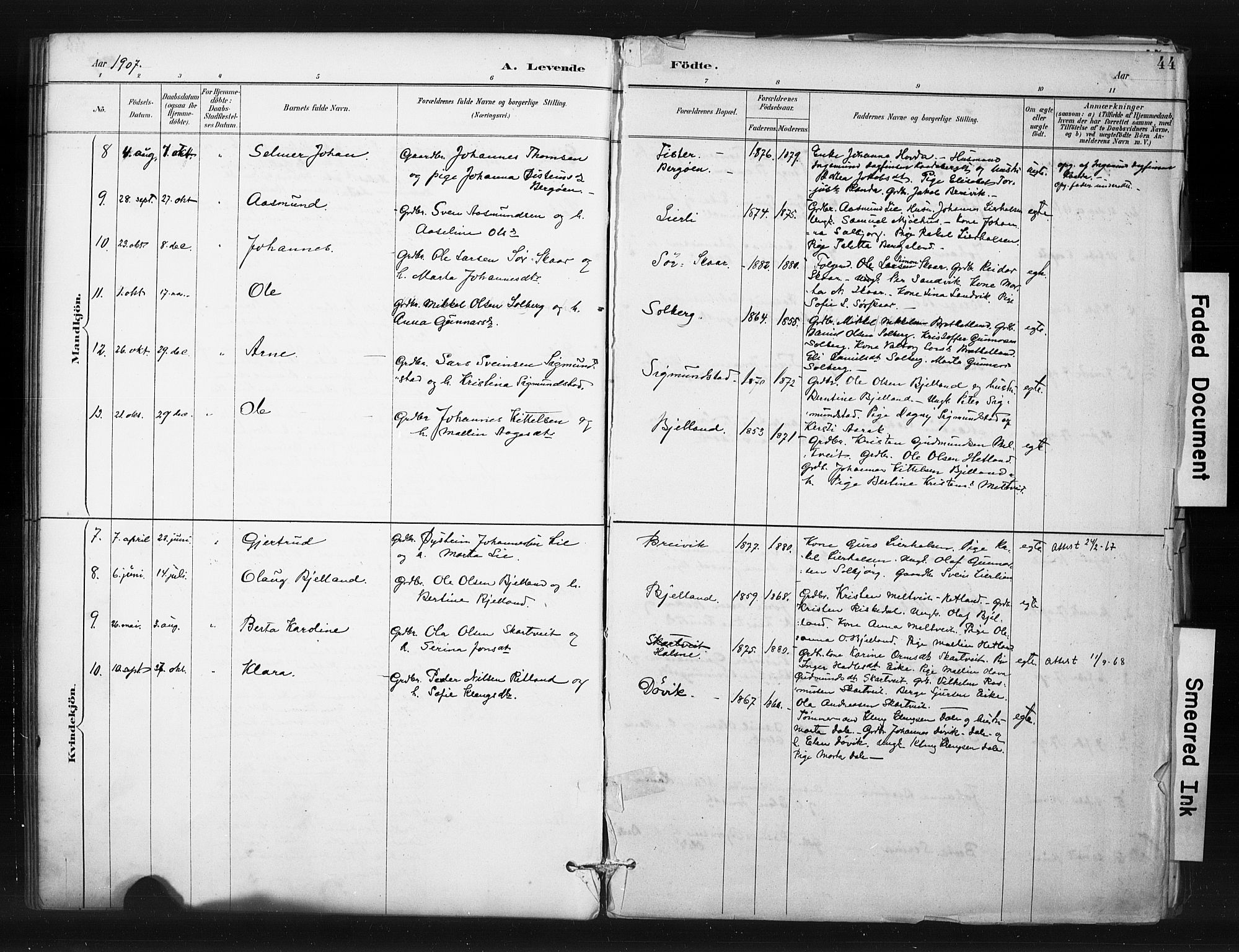 Hjelmeland sokneprestkontor, SAST/A-101843/01/IV/L0015: Parish register (official) no. A 15, 1887-1910, p. 44