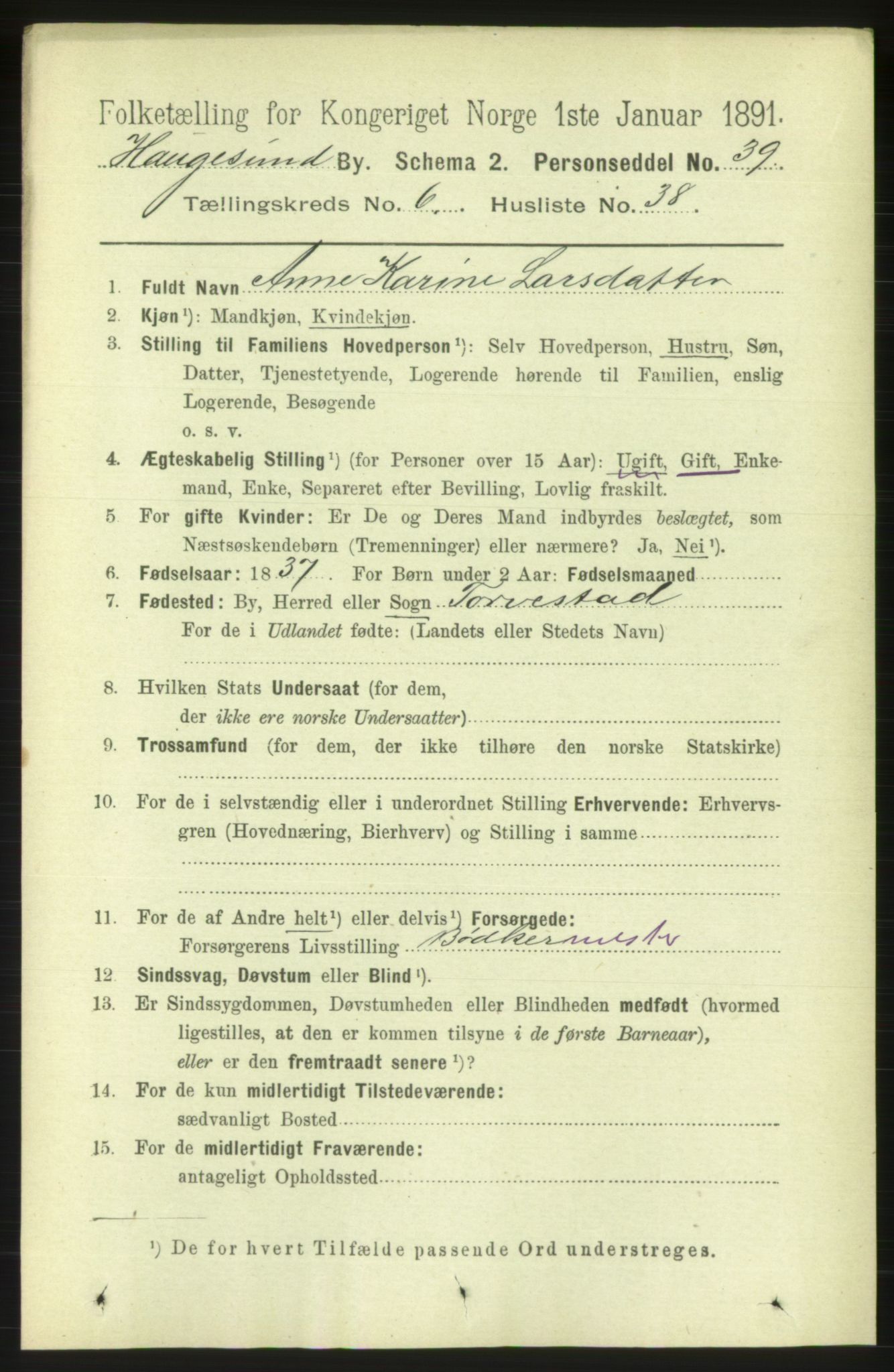 RA, 1891 census for 1106 Haugesund, 1891, p. 3035