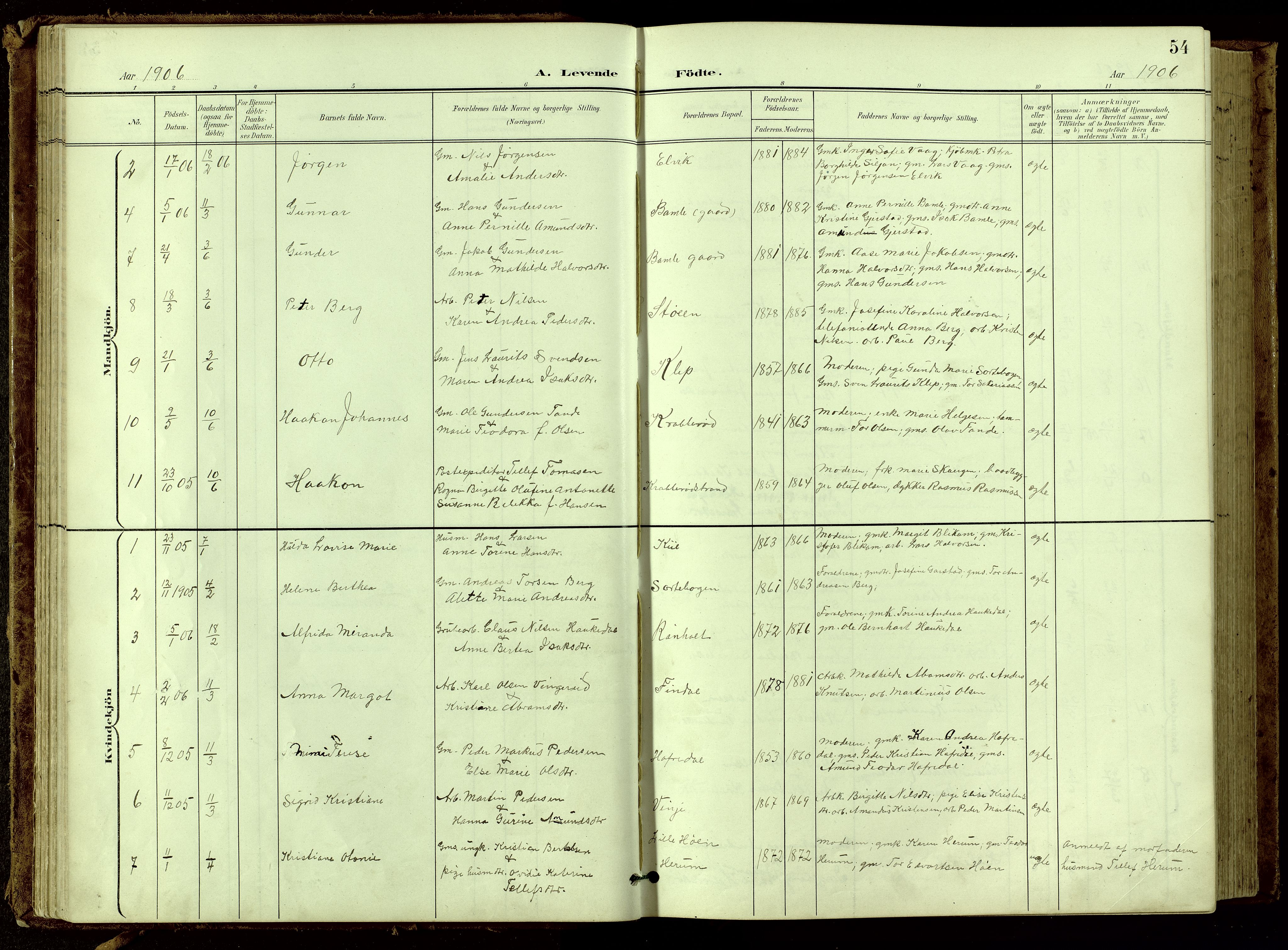 Bamble kirkebøker, SAKO/A-253/G/Ga/L0010: Parish register (copy) no. I 10, 1901-1919, p. 54